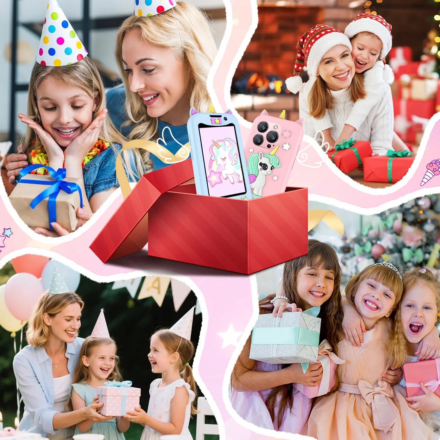 Mini smartfon jednorożec, 3-calowy ekran dotykowy HD, smartfon dla dzieci, podwójny aparat, rozpoznawanie twarzy, MP3/GPS, programowane włączanie/wyłączanie, odblokowany mały smartfon prezent
