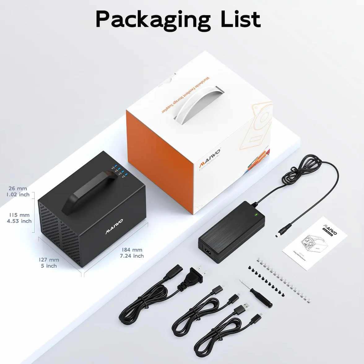 MAIWO Obudowa HDD RAID USB-C z 4 gniazdami do dysku SATA 6.3 cm 8.9 cm z wentylatorem chłodzącym, kabel USB A-C 3.1 i C-C, obsługuje Raid Normal, 0,3,5,1/10, klon/duży (jbod) i pojemność 96 TB, DAS