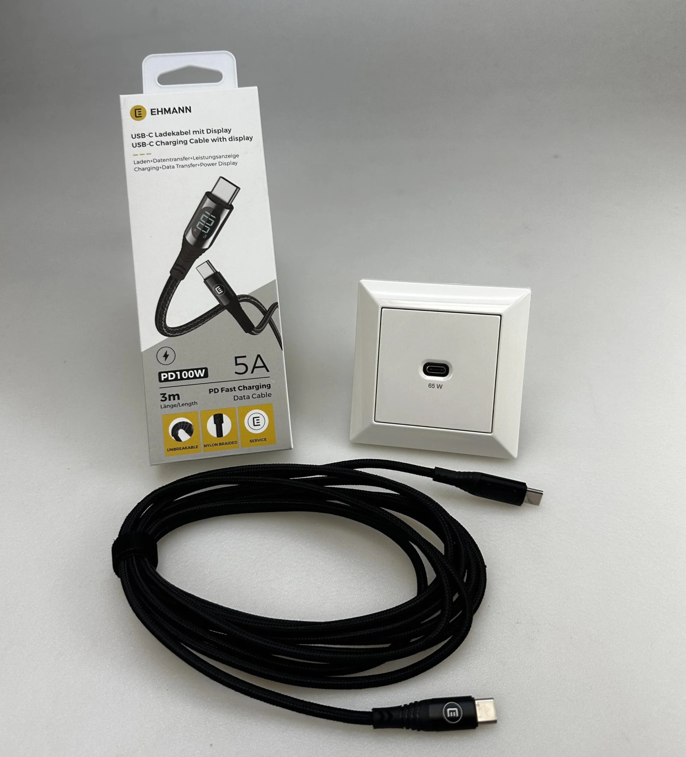 EHMANN 2 w 1 Bundle, wbudowana stacja ładująca USB, ładowarka USB-C 65 W, biały i kabel USB C/C, ładowanie (100 W) + transmisja danych (480 Mbps) + pomiar mocy (wyświetlacz cyfrowy), długość 3 m,