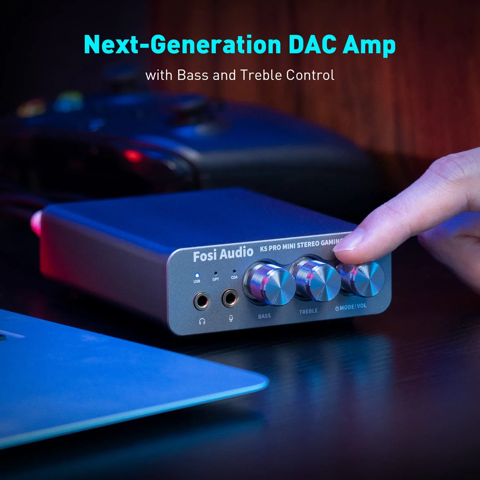 Fosi Audio K5 Pro Gaming DAC Wzmacniacz słuchawkowy Mini Hi-Fi Stereo Cyfrowo-analogowy konwerter audio USB typu C/koncentryczny na RCA/optyczny/3,5 mm AUX na PS5/PC/MAC/komputer