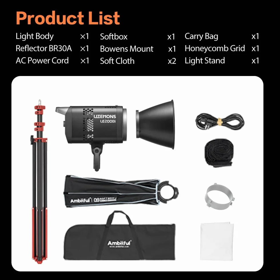GODOX LE200Bi Zestaw oświetlenia wideo LED, dwukolorowa dioda COB o mocy 220 W z softboxem, statyw 280 cm, 2800 K–6500 K, CRI 98+, sterowanie Bluetooth/DMX do studia, filmowania na YouTube