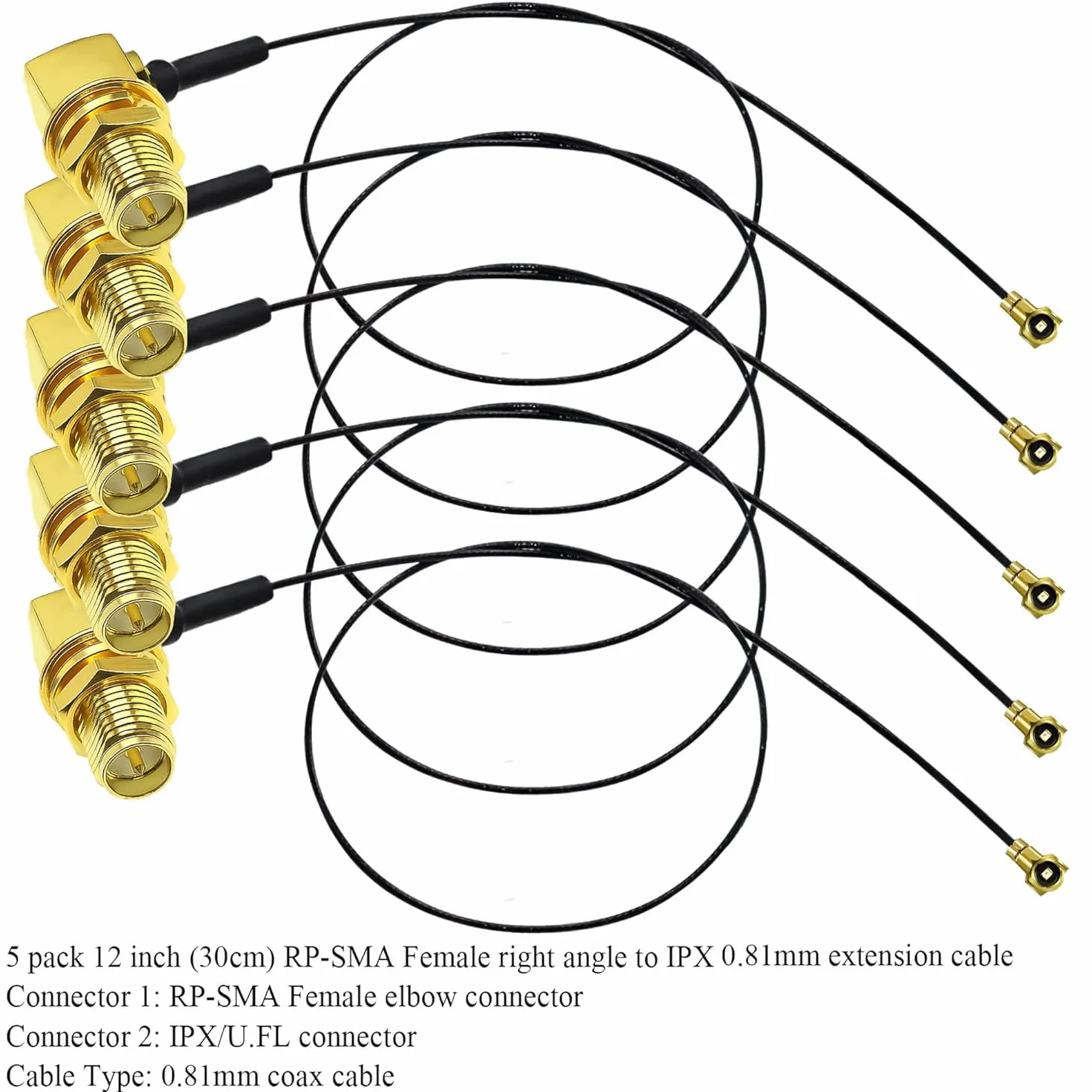 TUOLNK IPX zu RP-SMA Verlängerungskabel 0,81 mm U.fl IPEX zu RP SMA Buchse Rechtwinkliges Wifi-Antennenkabel für drahtloses Netzwerk Mini-PCI-Koaxialkabel 12 Zoll (30 cm) 5 Stück