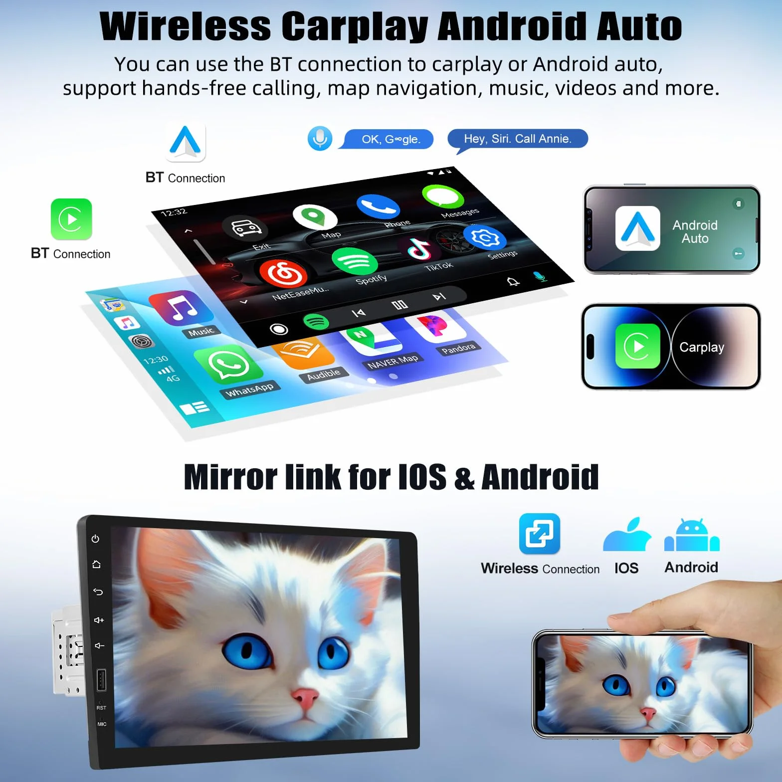 Radio CAMECHO 1-Din, 9 cali, Wireless Carplay Android Auto YouTube Bluetooth z ekranem dotykowym z kamerą cofania, Lusterko Link, FM/AM/RDS, SWC, 2 USB, sterowanie kierownicą