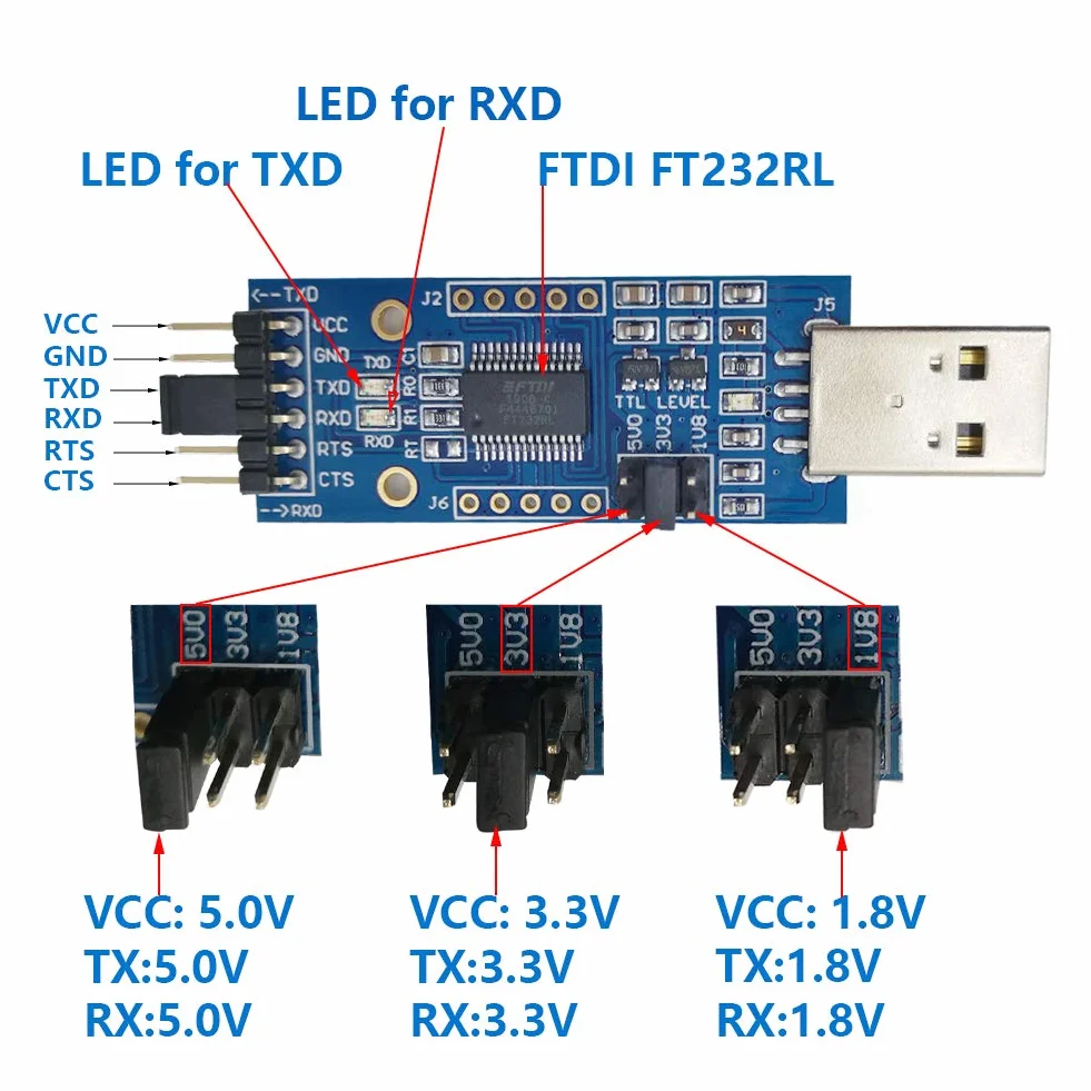 DSD TECH SH-U09C2 Adapter USB na TTL Wbudowany układ scalony FTDI FT232RL do debugowania i programowania