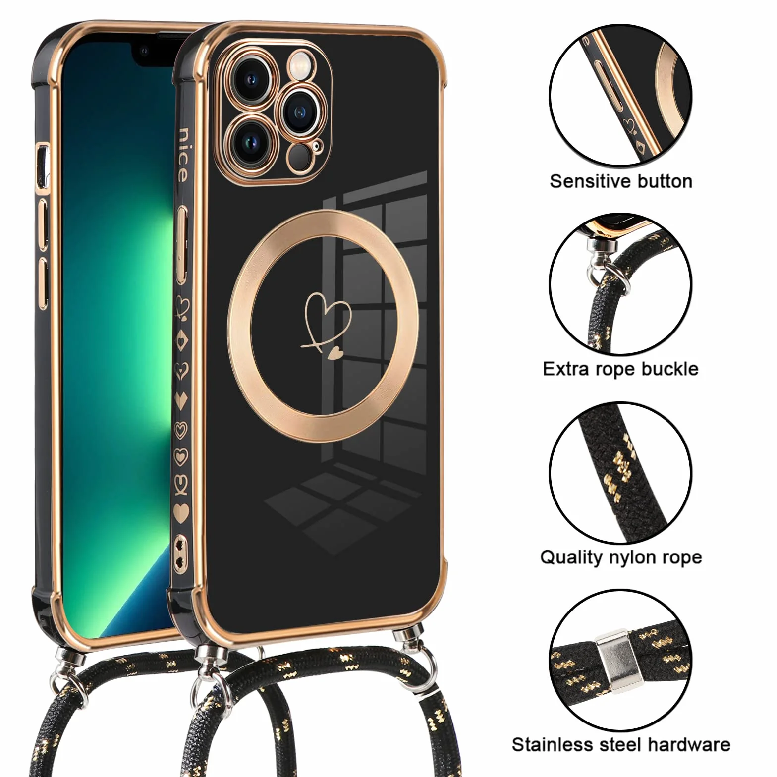 Pnakqil Silikonowe Etui z paskiem na ramię dla iPhone 13 Pro Max 6.7 Cal Czarny Elektrolityczne TPU Case