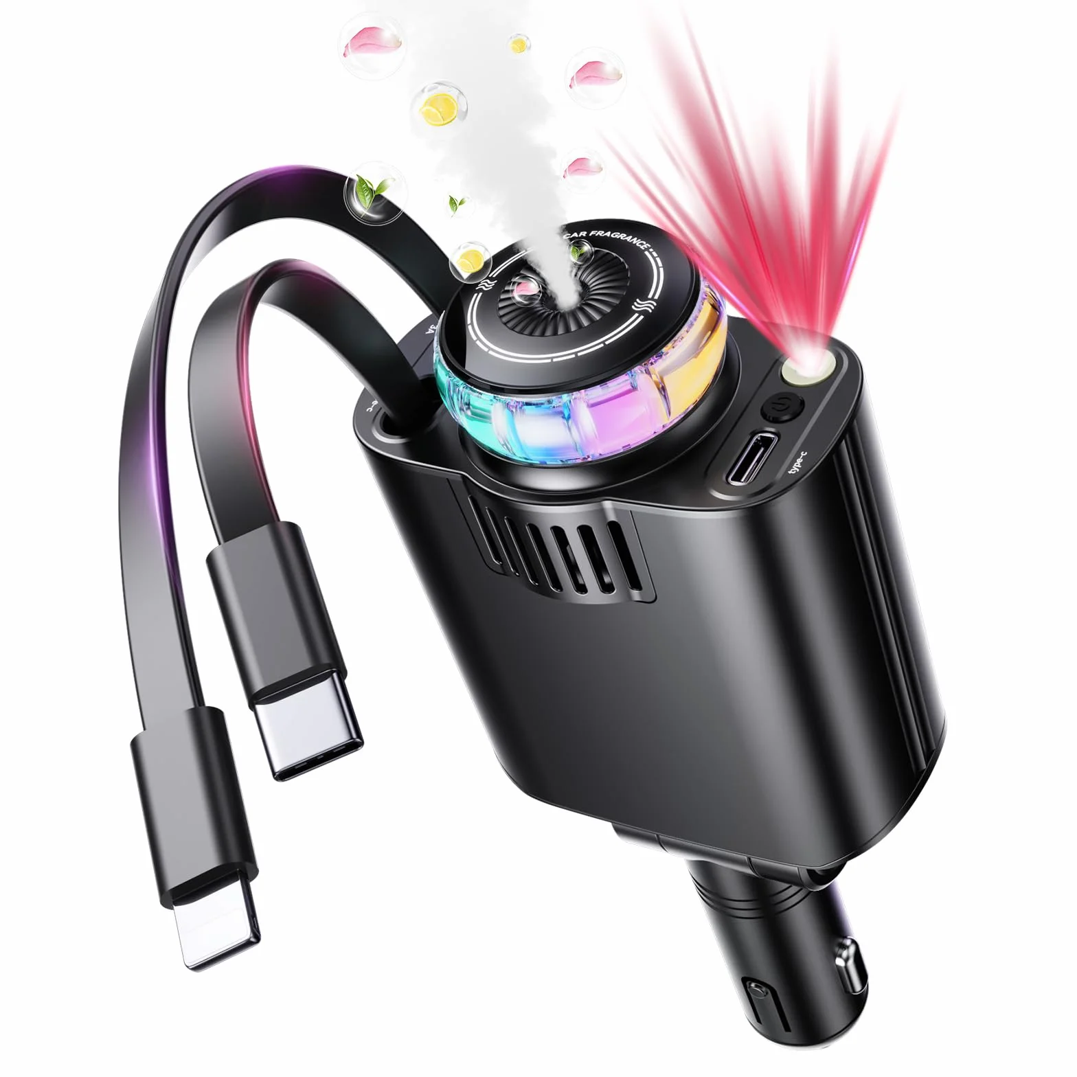 Wysuwana ładowarka samochodowa z aromaterapią i światłem gwiazd, adapter ładowarki samochodowej USB C 5 w 1, szybkie ładowanie 69 W, samochodowy odświeżacz powietrza kompatybilny z iPhone 16, 15, 14