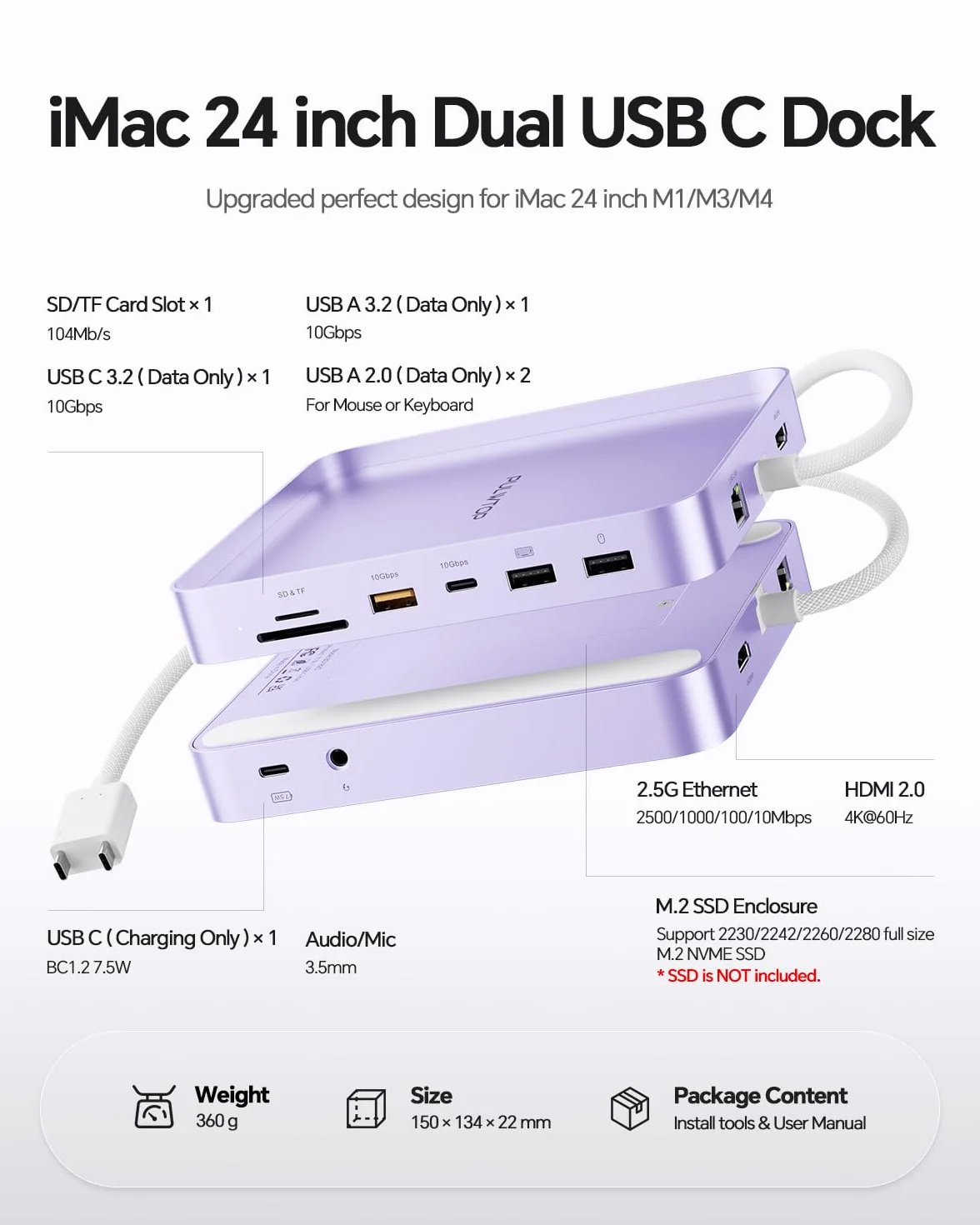 Ulepszony iMac Hub do iMac M1/M3/M4, akcesoria iMac z obudową SSD (bez SSD), hub USB C do iMaca 24 cali z HDMI 4K@60 Hz, 2,5 GbE, USB A/C 3.2 10 Gbit/s, SD/TF, audio, fioletowy