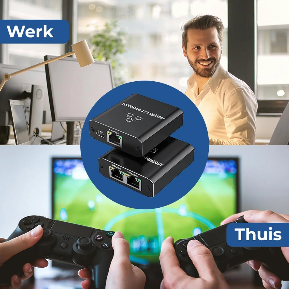 rozdzielacz Internetu, 2 porty, do 1000 Mb/s, od 1 do 2, LAN, UTP, RJ45, rozdzielacz sieci, rozdzielacz UTP, rozdzielacz Ethernet, przełącznik Ethernet, przełącznik sieciowy