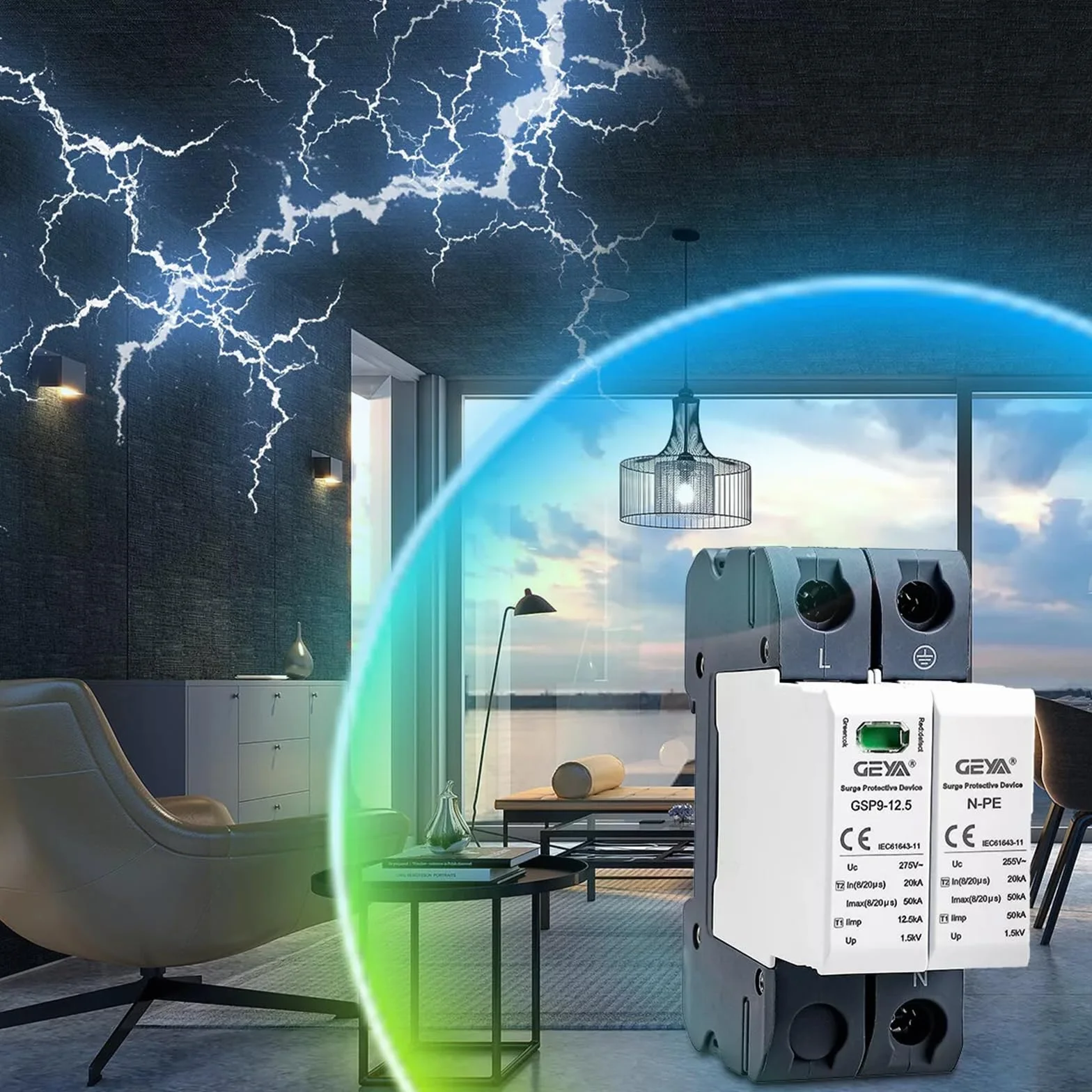 GEYA Ochrona przeciwprzepięciowa SPD Zabezpieczenie przeciwprzepięciowe do domu szynowego DIN 12.5KA T1+T2 Class 50KA(2P,AC275V)