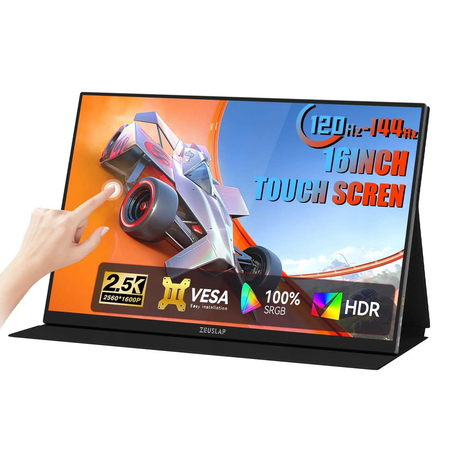 ZEUSLAP P16KT Monitor Przenośny 16" 2.5K 2560x1600 Dotykowy IPS 144Hz HDR Mocowanie VESA USB-C HDMI do Laptopa MacBooka PS4 PS5 Xbox Nintendo Switch Telefonu Pracy Gier Oglądania Filmów