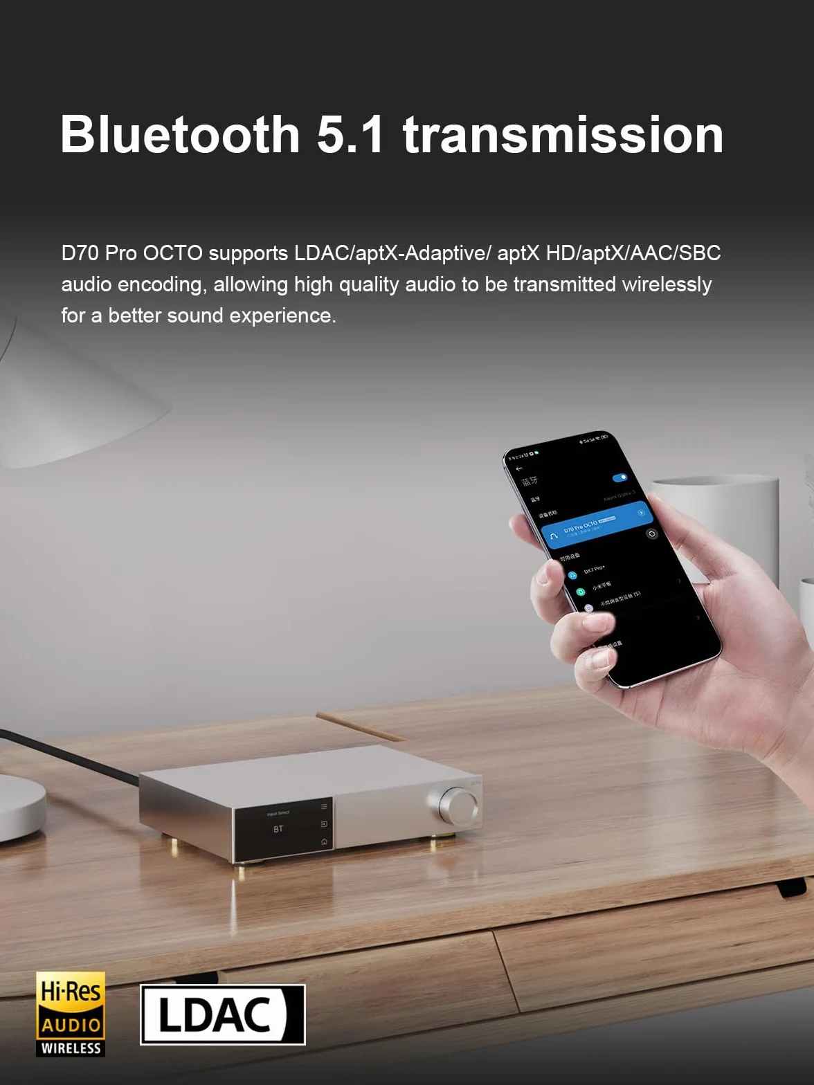 Topping D70 PRO OCTO HiFi DAC Bluetooth 5.1 Support LDAC z wyjściem RCA XLR, pilot zdalnego sterowania, dekoder audio Hi-res (czarny)