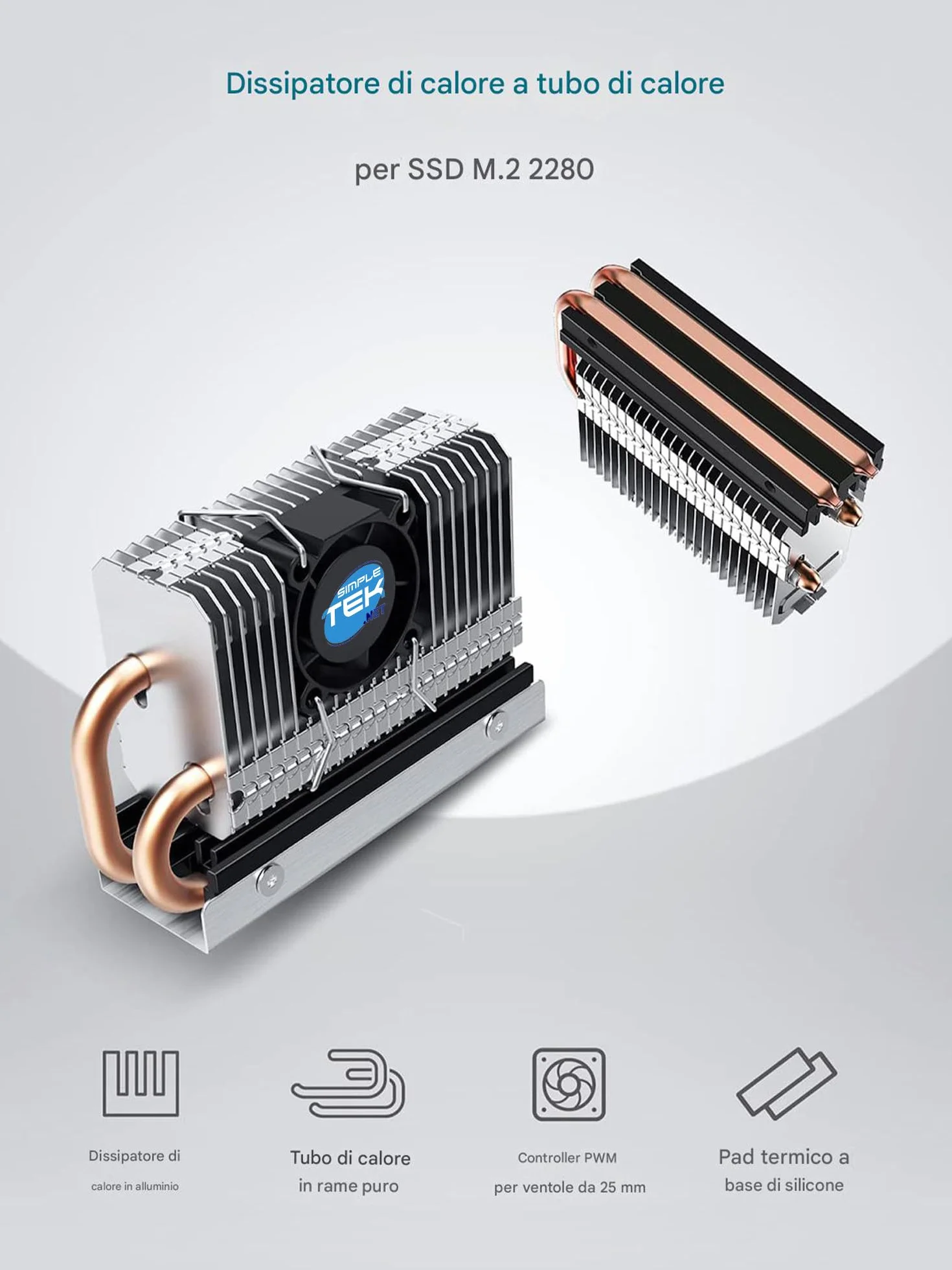 SIMPLETEK Aktywny radiator z wentylatorem do SSD M.2 2280 NVME / SATA – model G-M2HP04-F z rurą grzewczą i sterowaniem PWM