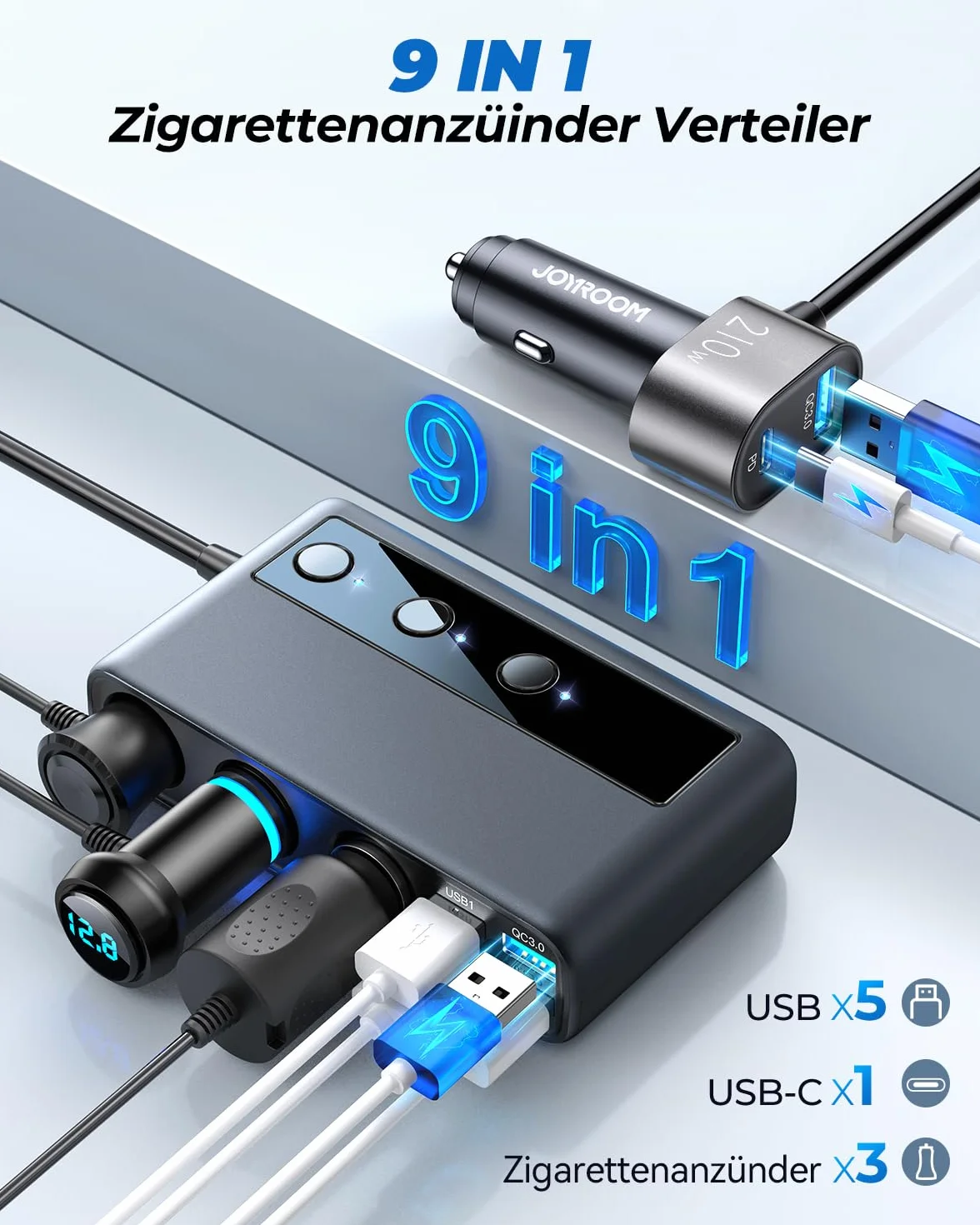 JOYROOM Rozdzielacz zapalniczki, adapter do ładowarki samochodowej 154 W, 3-komorowy rozdzielacz kabla ładującego 12 V/24 V z 5 portami USB do iPhone'a 15/iPada/Dashcam/GPS/ogrzewania siedzenia