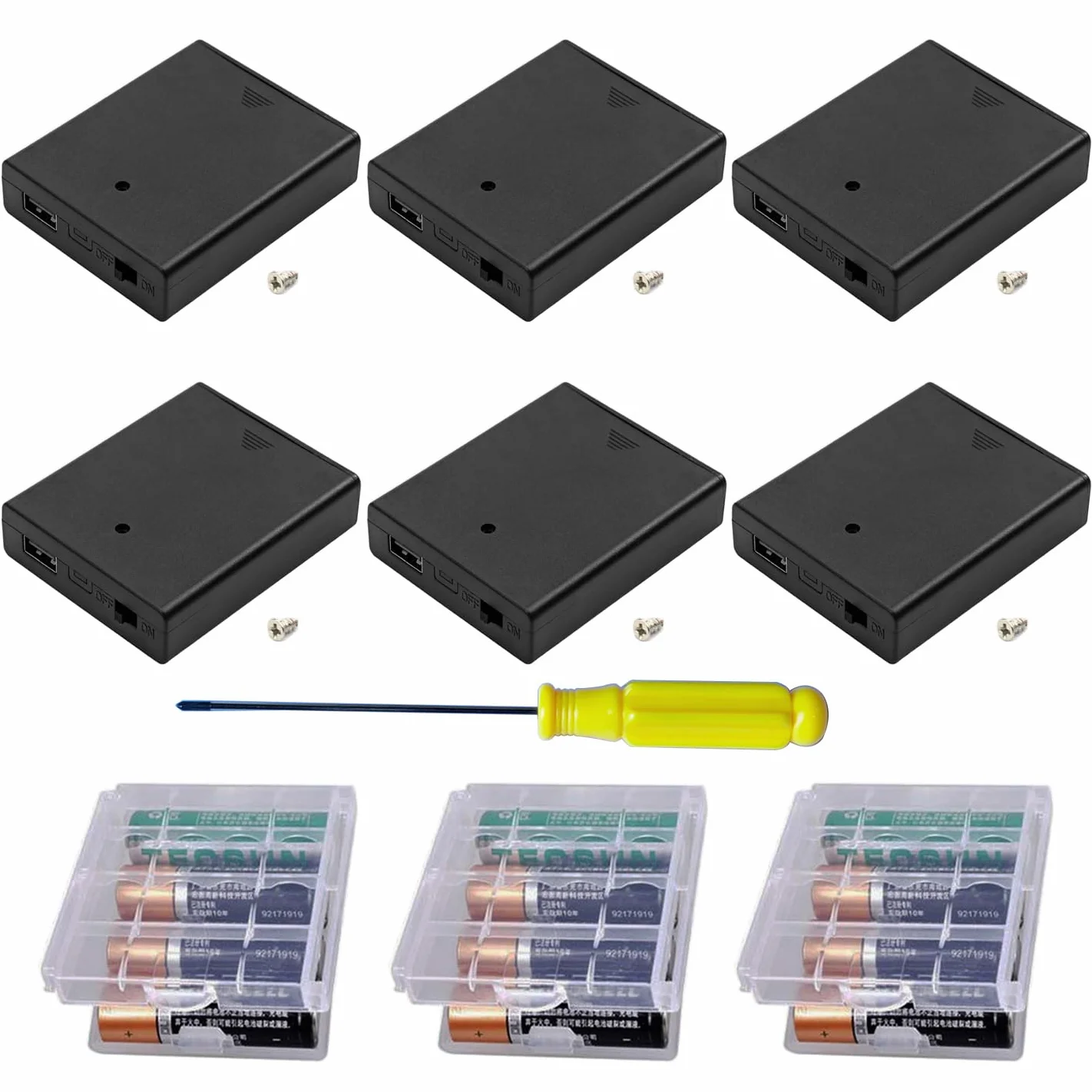 GTIWUNG Zestaw 6 uchwytów na baterie 4 AA z USB, 4 AA 6V uchwyt na baterię obudowa plastikowa bateria schowek gniazdo USB, 4 x 1,5V obudowa ładowarki do baterii AA