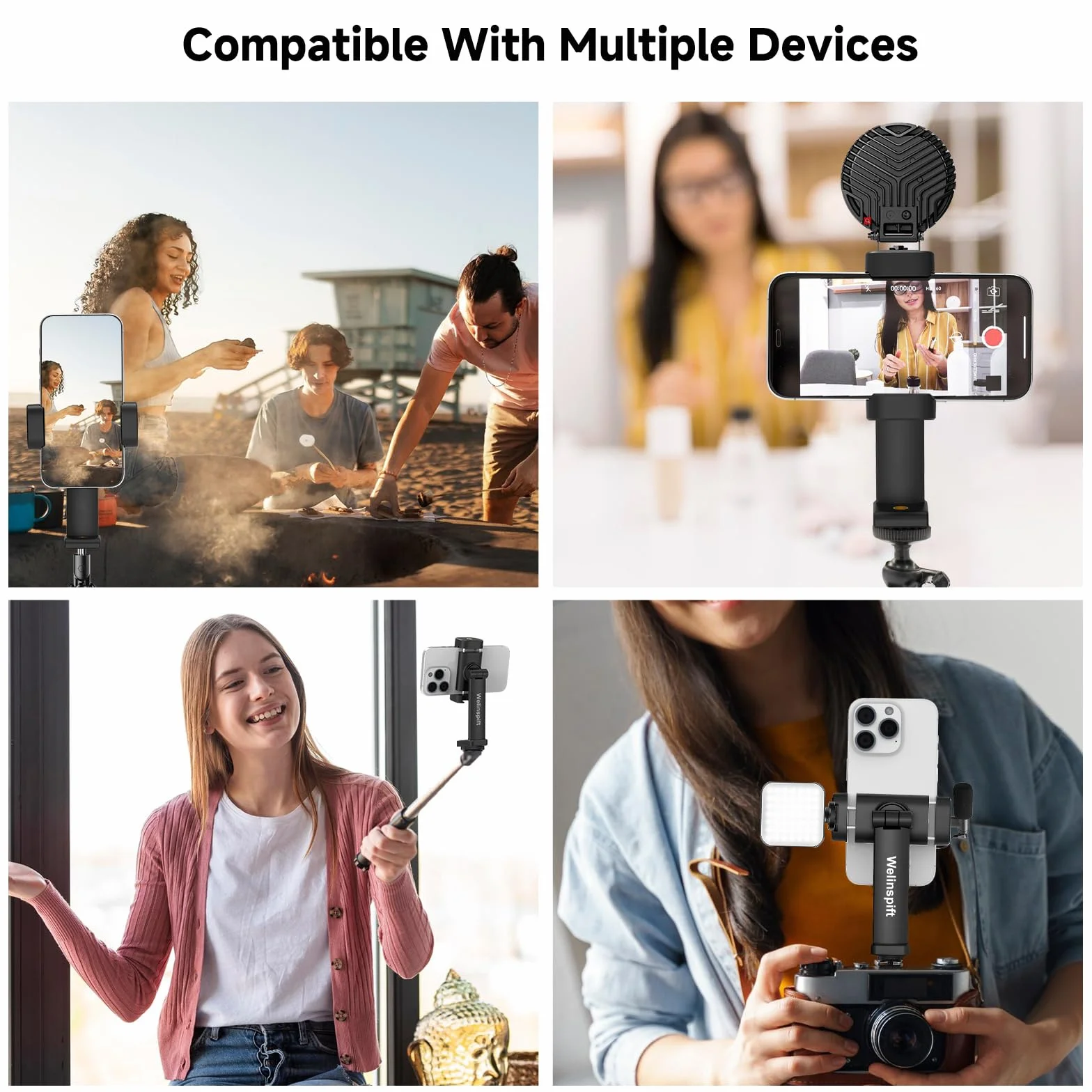 Obrotowy o 360° uchwyt na statyw do telefonu z podwójnym zaciskiem sprężynowym, zimna stopka i śruba 1/10.2 cm, lekki, uniwersalny klips na telefon do iPhone'a, Samsunga, statywów, nachylenie 180°