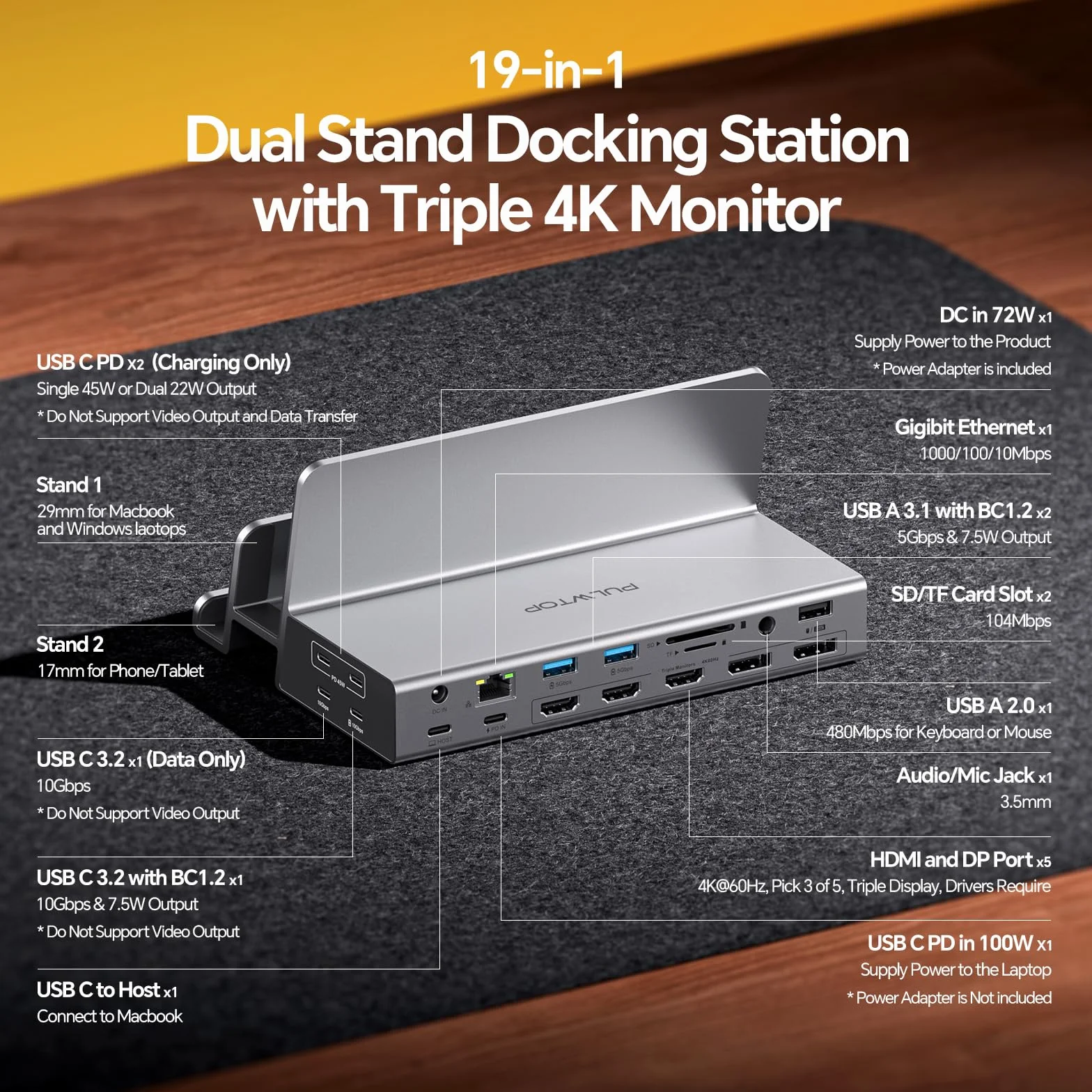 19 w 1 Triple Display stacja dokująca z podwójnym stojakiem, 3HDMI + 2DP4K, PD100W | PULWTOP Stacja dokująca do laptopa, 3 monitory z Ethernet, 10 Gbit/s USB-C/A, do MacOS i Windows (wymagane sterowniki)