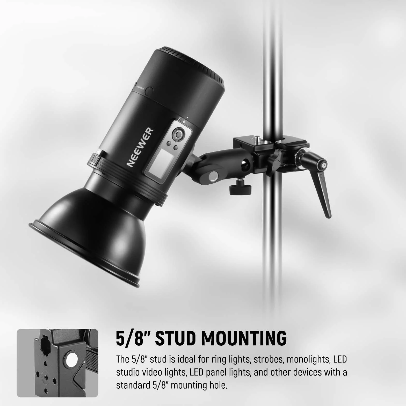 NEEWER Super zacisk z bolcem 5/8", zamknięcie sprężynowe, uchwyt szczękowy Heavy Duty Crab Pole Clamp do okrągłych rur, płaska powierzchnia, do studia fotograficznego, montażu oświetlenia, maks