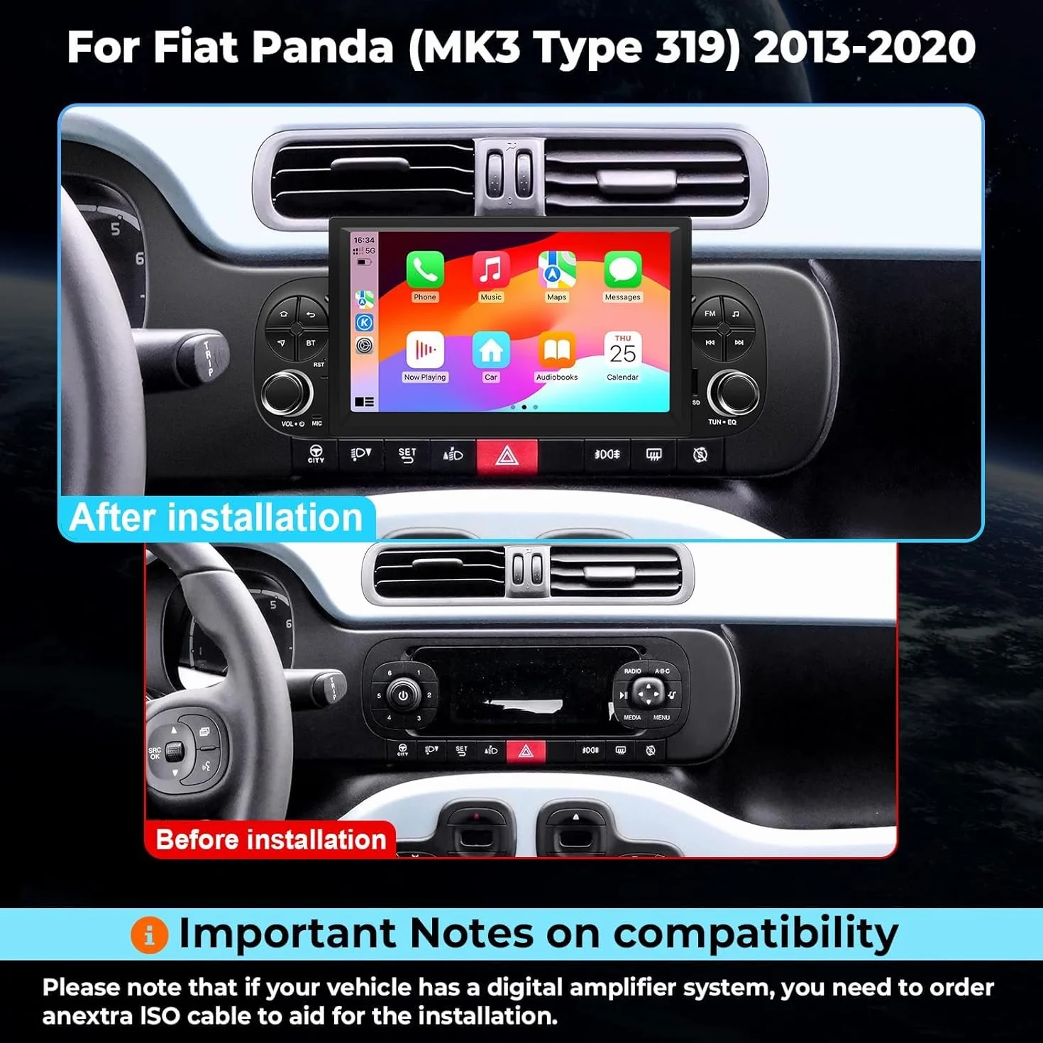 [6 GB + 128 GB] radio samochodowe z systemem Android 14 do FIAT Panda MK3 typ 319 2013-2020 [zintegrowany CarPlay/Android Auto/DSP/GPS]-7-calowy ekran IPS DAB/Mirror Link/Bluetooth 5.0/360