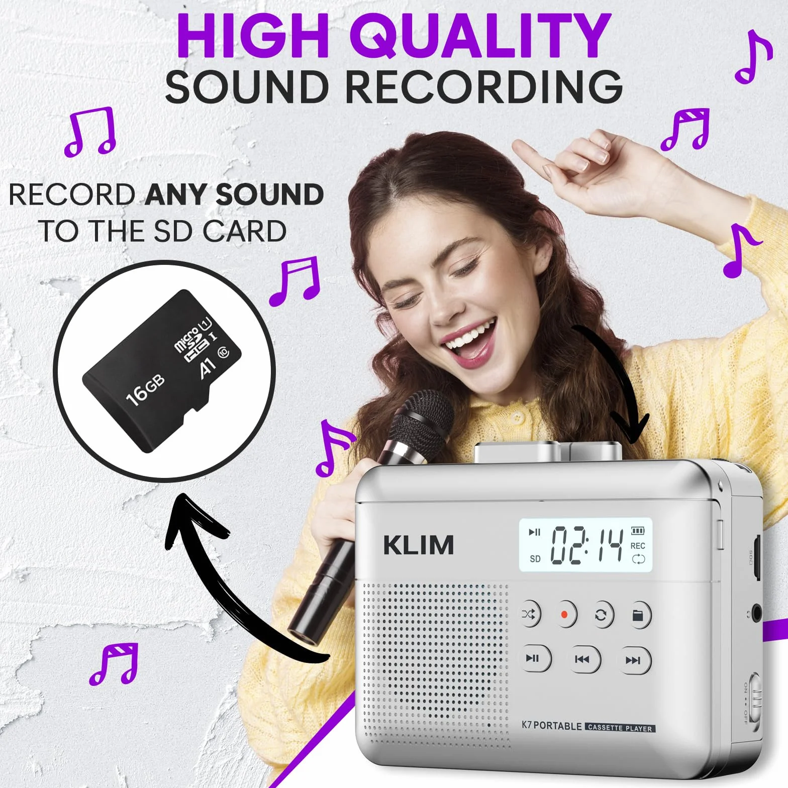 KLIM K7 Magnetofon kasetowy - konwerter kasety na MP3 - przenośny - wbudowany mikrofon i głośnik - akumulator - słuchawki - karta SD 16 GB - srebrny