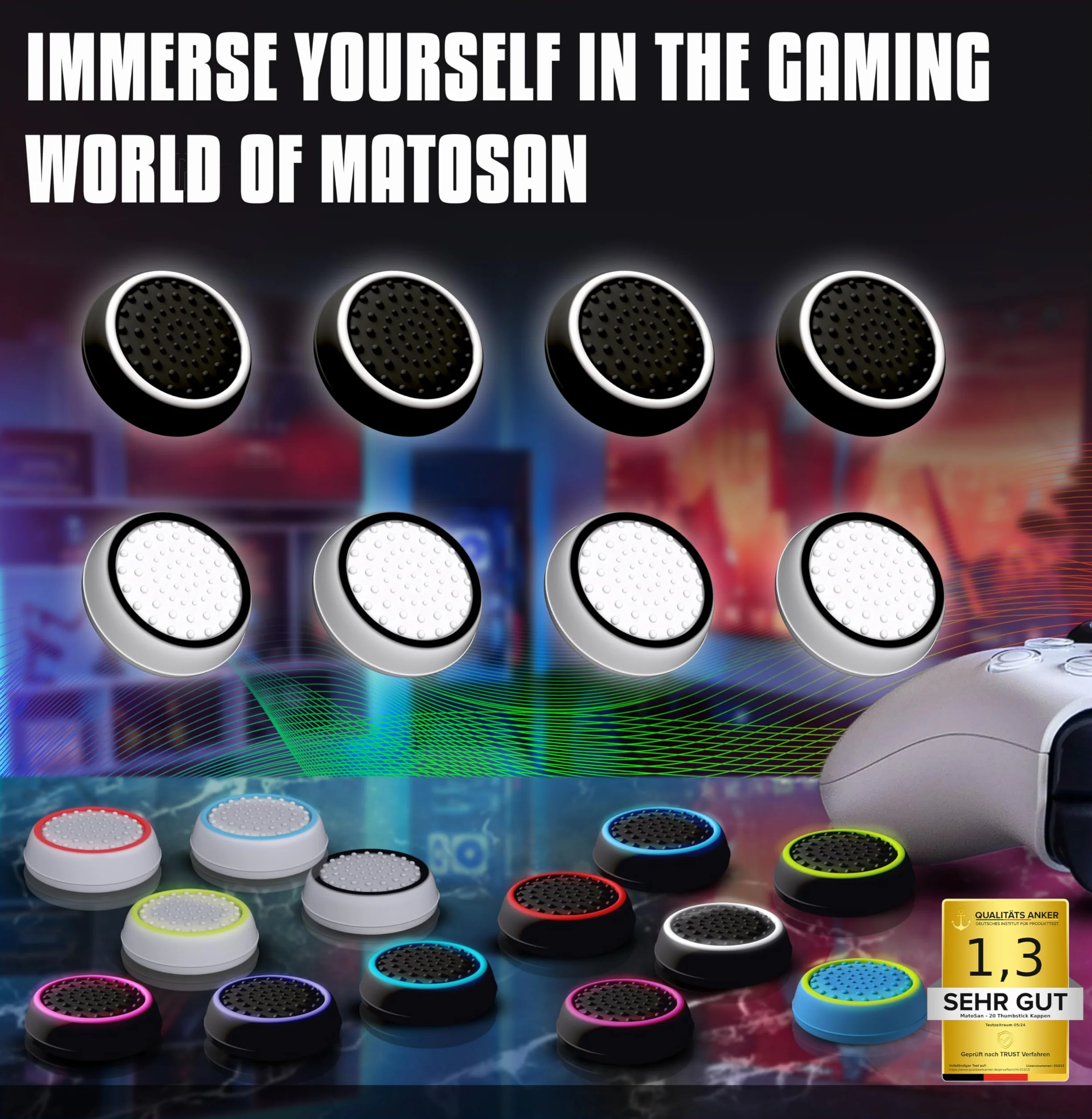 MatoSan® Zestaw 8 Nakładek na Drążki Analogowe – Kompatybilne z PS5 – Antypoślizgowe Nakładki na Thumbstick – Akcesoria Gamingowe do Kontrolerów