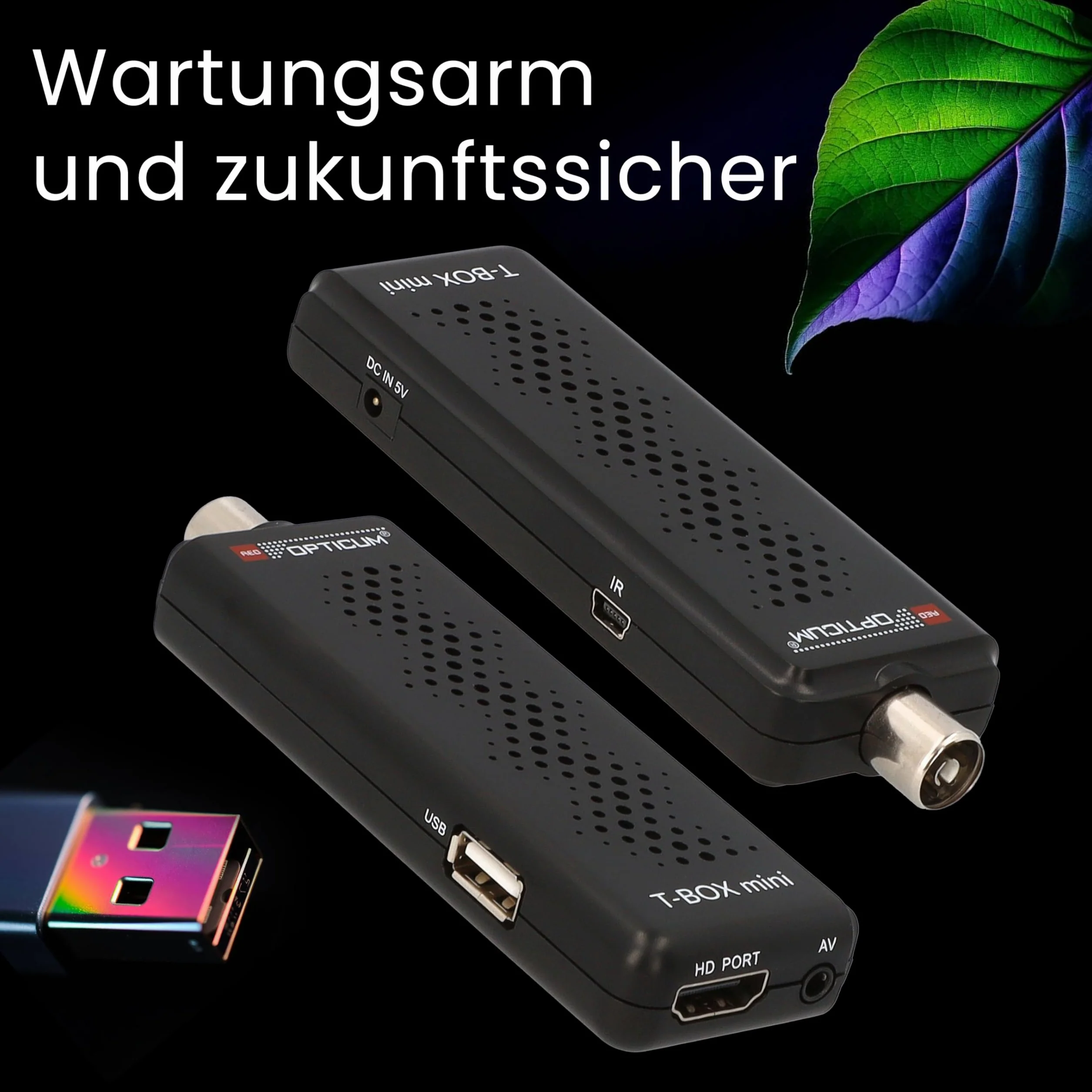 RED OPTICUM T-Box Mini DVB-T2/C cyfrowy odbiornik Full HD, H.265 HEVC, HDMI, USB 2.0, czarny, z pilotem zdalnego sterowania, czujnik podczerwieni, EPG, teletekst, funkcja PVR, 115 x 37 x 17 mm