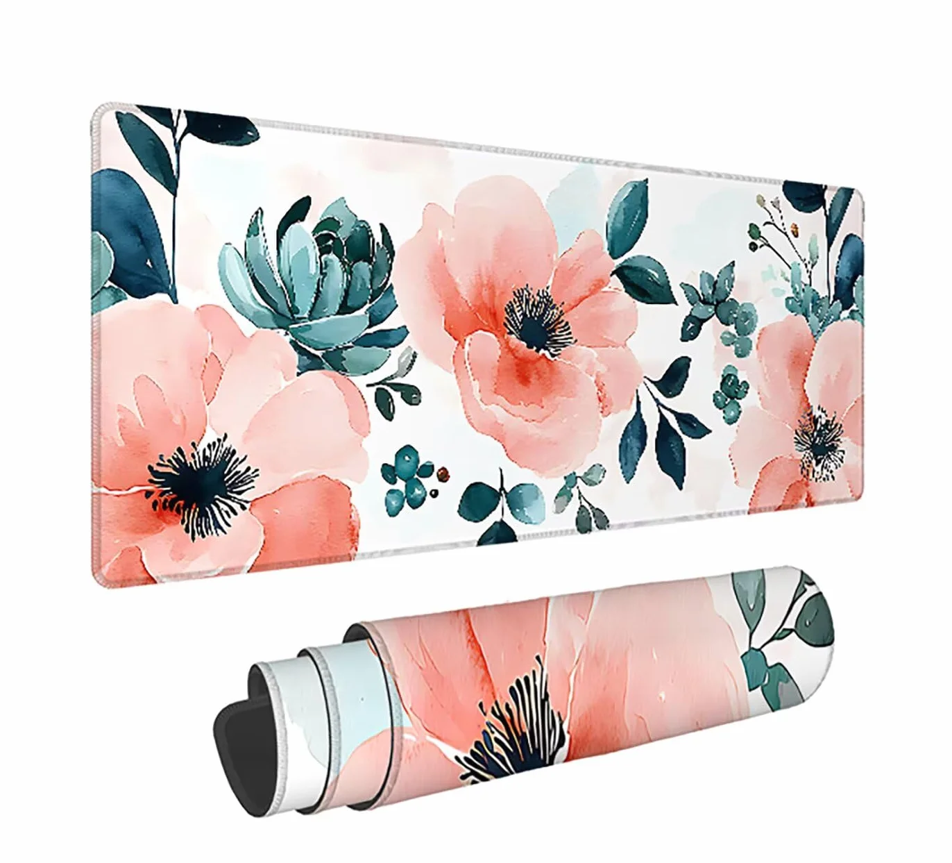 Podkładka pod mysz XXL, kwiat, duża podkładka pod mysz dla graczy, 1600 x 800 x 3 mm, biała podkładka pod mysz ze szwami na krawędziach, ponadwymiarowa, antypoślizgowa gumowa podkładka, idealna mata