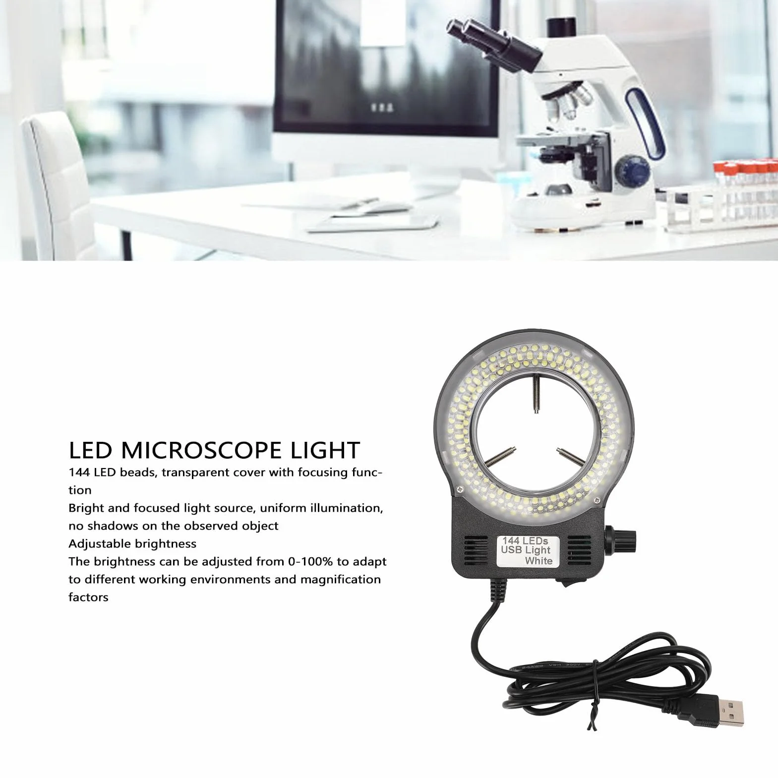 Jasna Lampa Mikroskopowa LED, Regulowana jasność, Długi Kabel USB, Kompatybilna średnica Obiektywu, Wszechstronne Zastosowanie, z przezroczystą osłoną, do Różnych Mikroskopów