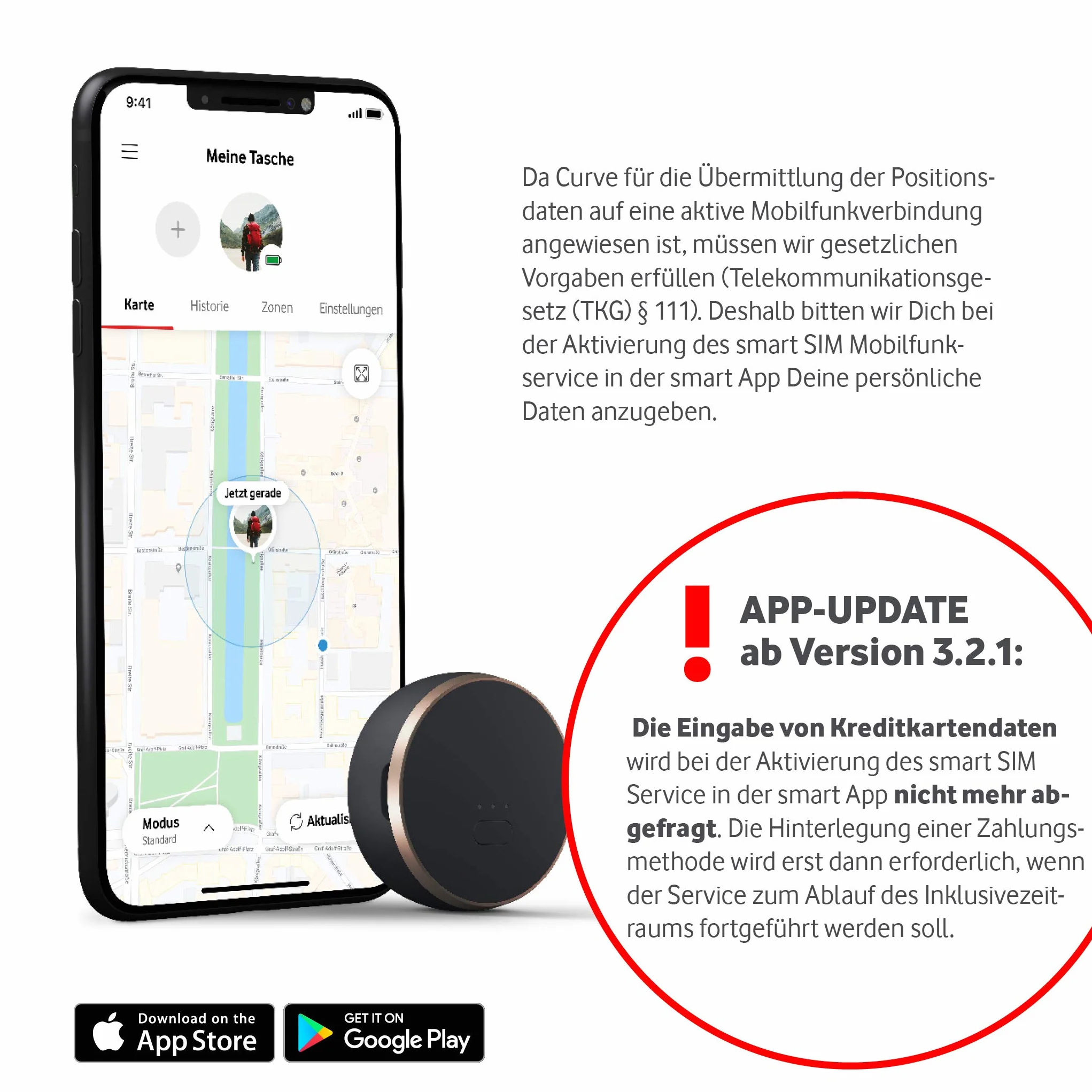 Vodafone Curve Smart Tracker GPS ze zintegrowaną inteligentną kartą SIM, lekki tracker do toreb, psów, samochodu, laptopa, kluczy – 100 dni bezpłatnie