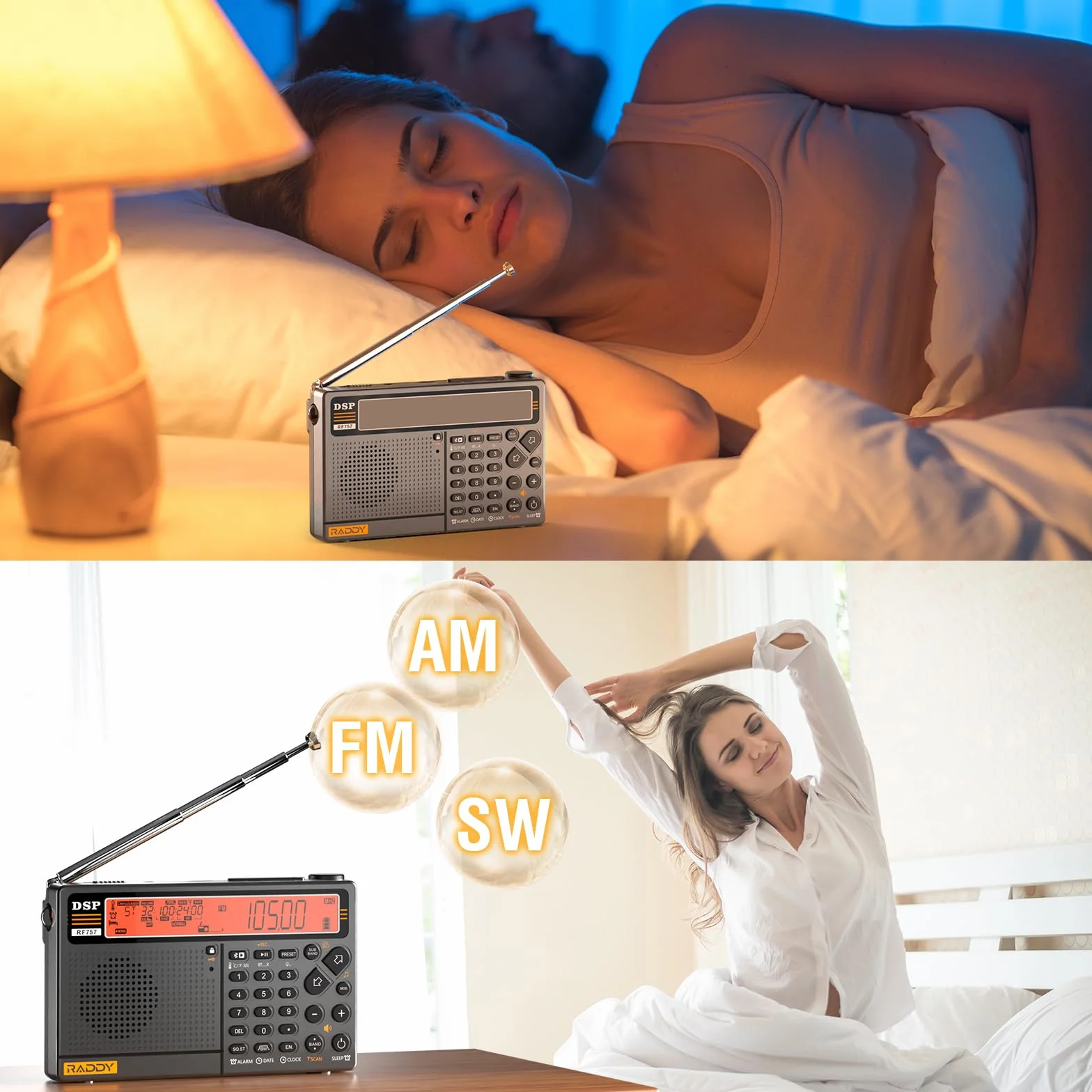 Raddy RF757 radio, sterowanie przez aplikację, radio krótkofalowe, przenośne radio z odbiorem AM/FM/SW/VHF/UHF/CB/AIR, bateria 2500 mAh, 1000 predefiniowanych stacji, słuchawki, przewodowa antena