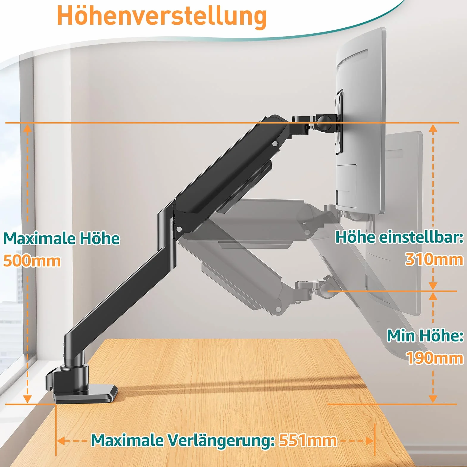 ELIVED EV3227 Ultrawide ramię monitora do ekranu o przekątnej maks. 49 cali, wytrzymały uchwyt biurkowy do monitora 2-20 kg, stojak na komputer ze sprężyną gazową, VESA 75 i 100 mm z zaciskiem i