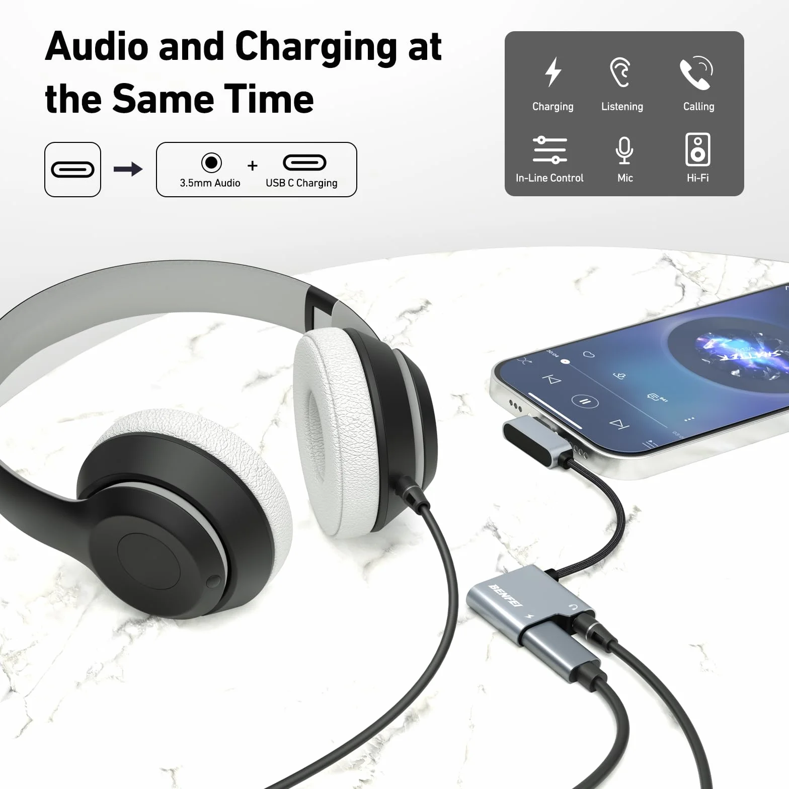 BENFEI Adapter USB C na Audio Jack 60 W, USB-C na 3,5 mm, kompatybilny z iPhone 15 Pro Max, Samsung Galaxy S24, iPad Pro