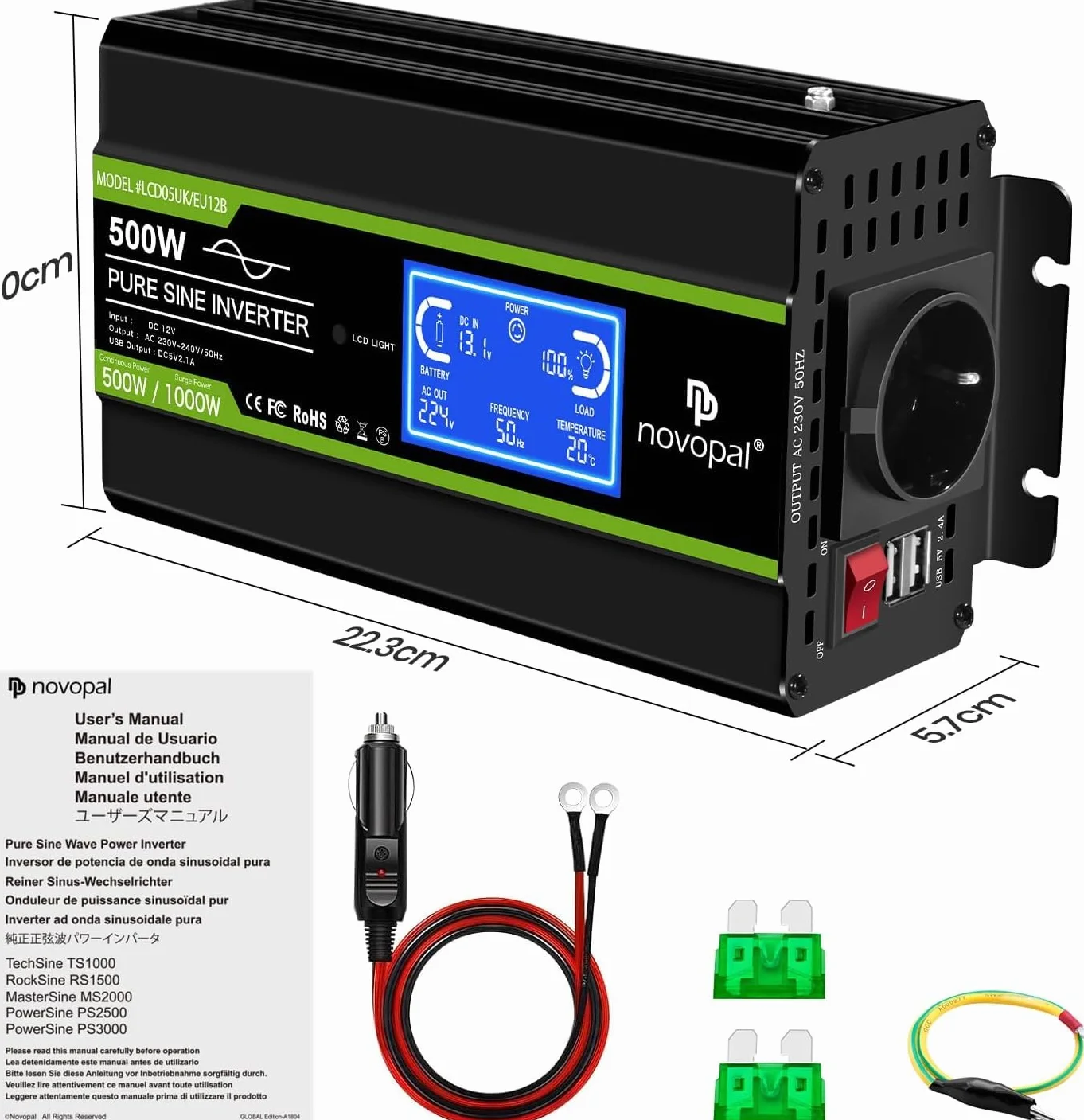 NOVOPAL Falownik 500 W, 12 V na 230 V, 220 V, czysty sinusoidalny przetwornik napięcia | Inteligentny wyświetlacz LCD, wyjście 2 USB, wtyczka UE do samochodów osobowych, przyczep kempingowych, ciężarowych