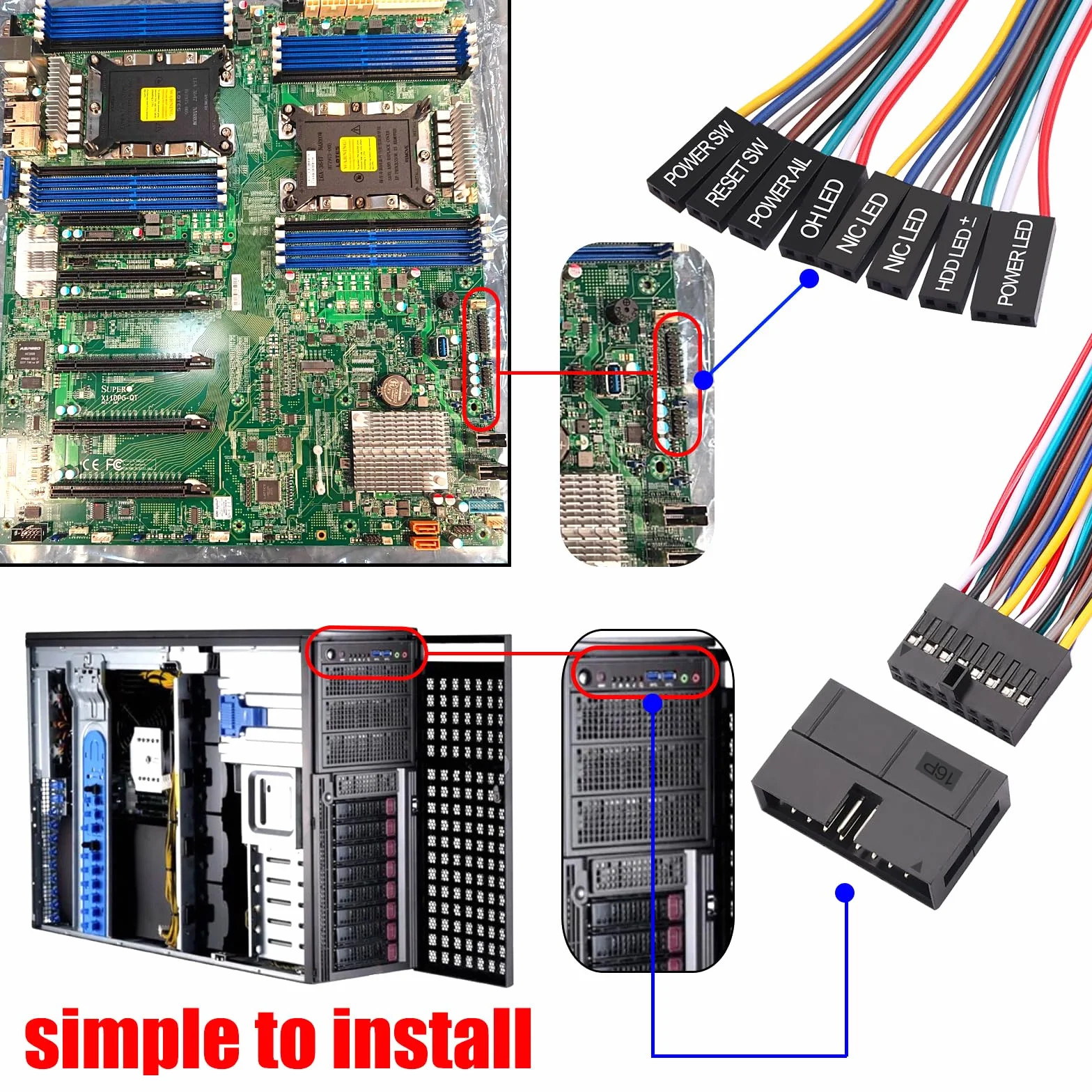 16-biegunowy na 8x2-biegunowy adapter kabla rozgałęźnego Super-Micro-Server adapter przedłużający kabel przedniego panelu obudowy 22cm/8,8in