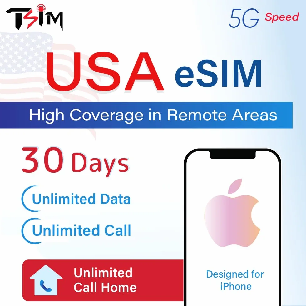 USA eSIM dla turystów – nieograniczona transmisja danych 5G + nieograniczone połączenia i SMS-y | wysoki zasięg w odległych obszarach | plan 30-dniowy | numer amerykański i hotspot 10 GB |