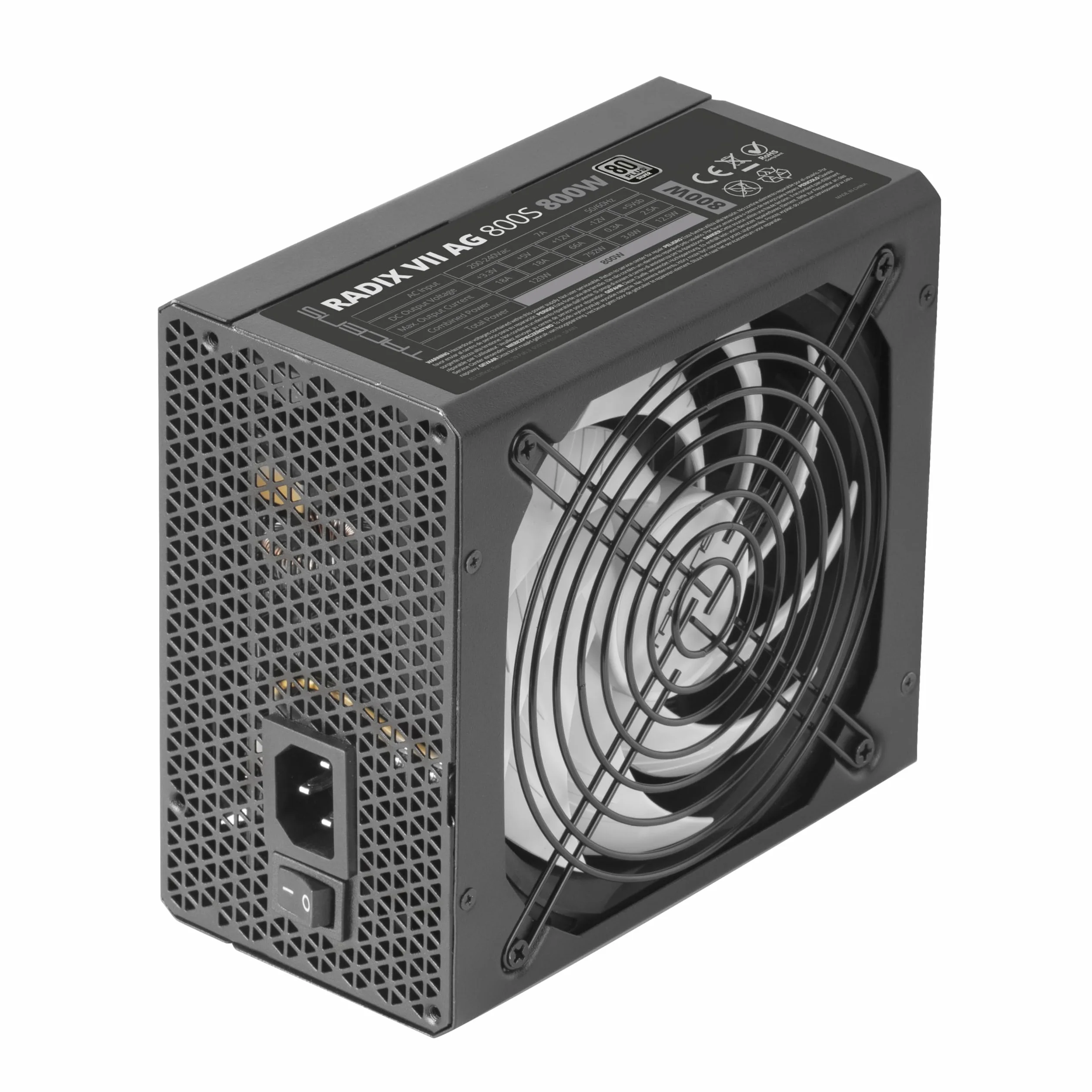 Tacens RADIX VII AG 800S, Zasilacz PC ATX 800W, 10 Lat Gwarancji, 80Plus Silver, 87% Efektywności, Technologie SMD i DC-DC, Wentylator AI-RPM 140mm FDB, Japońskie Kondensatory TK 105º, Czarny