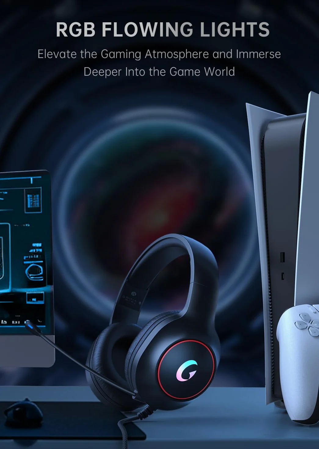 syndesmos CM7002 Zestaw słuchawkowy gamingowy do serii Xbox, PS5, PS4, PC, Mac, Switch, dźwięk przestrzenny, światło RGB z mikrofonem z redukcją szumów, dynamiczne sterowniki 50 mm, gniazdo audio 3,5
