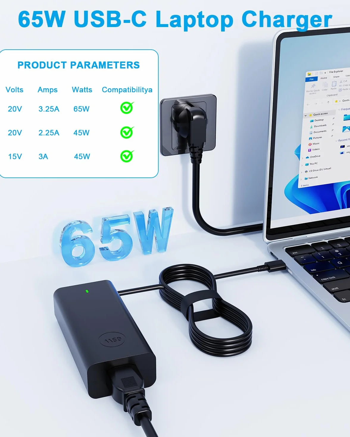 Dell 65W USB C Ładowarka do Dell Latitude 7490 7420 7410 7370 7280 5490 5420 5410 5290 5285 5520 XPS 15 13 12 9250 9360 9370 9380 Chromebook 3100 3400 5300 Zasilacz Charger