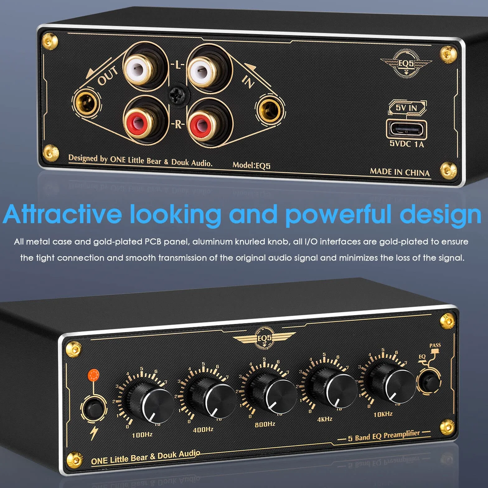 Douk Audio EQ5 mini przedwzmacniacz 5-pasmowy EQ przedamp stereo, analogowy equalizer, przenośny procesor audio do domu/samochodu (EQ5)