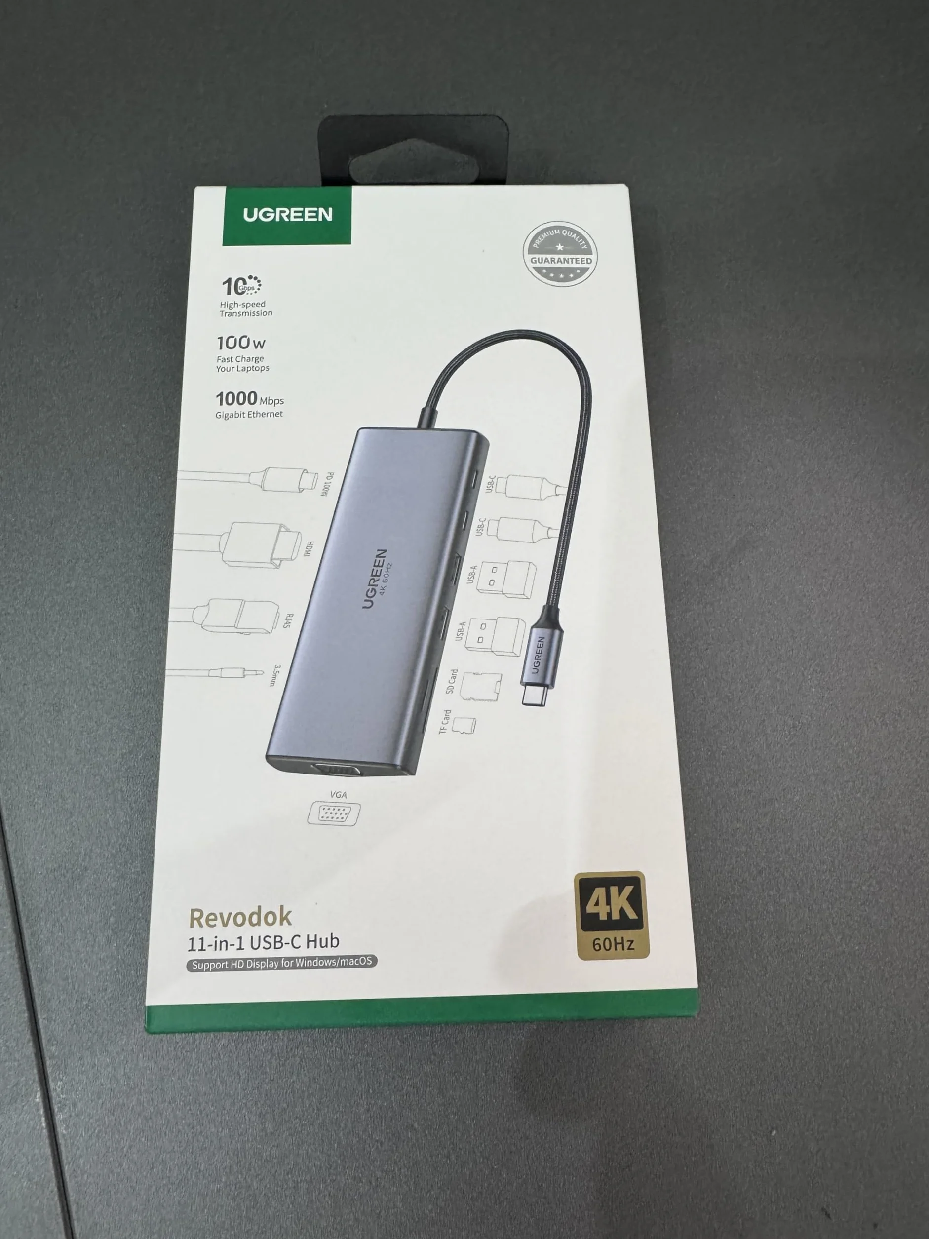 UGREEN Hub 11-w-1 USB-C 3xUSB-C 2xUSB-A HDMI VGA RJ45 SD TF 3.5mm szary