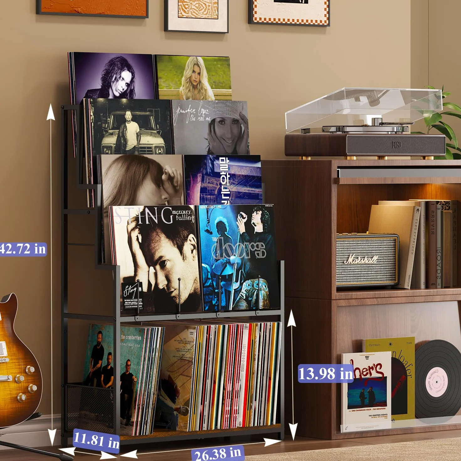 5-poziomowy stojak do przechowywania płyt winylowych z półką na płyty, organizer winylowy, 250-320 albumów, metalowy stojak na płyty LP, CD, DVD, czasopisma, książki