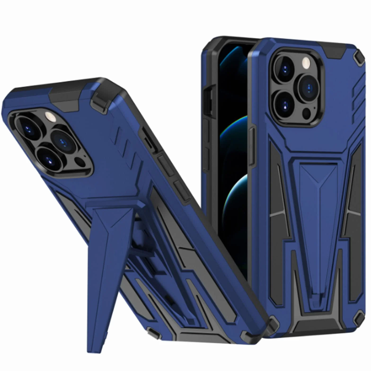 Etui do iPhone 13 Pro Max/13 Pro/13/13 mini, odporne na wstrząsy twardy tylny zderzak silikonowy pokrowiec ochronny z podpórką, kompatybilny z magnetycznym uchwytem samochodowym, niebieski, 13 6,1 cala