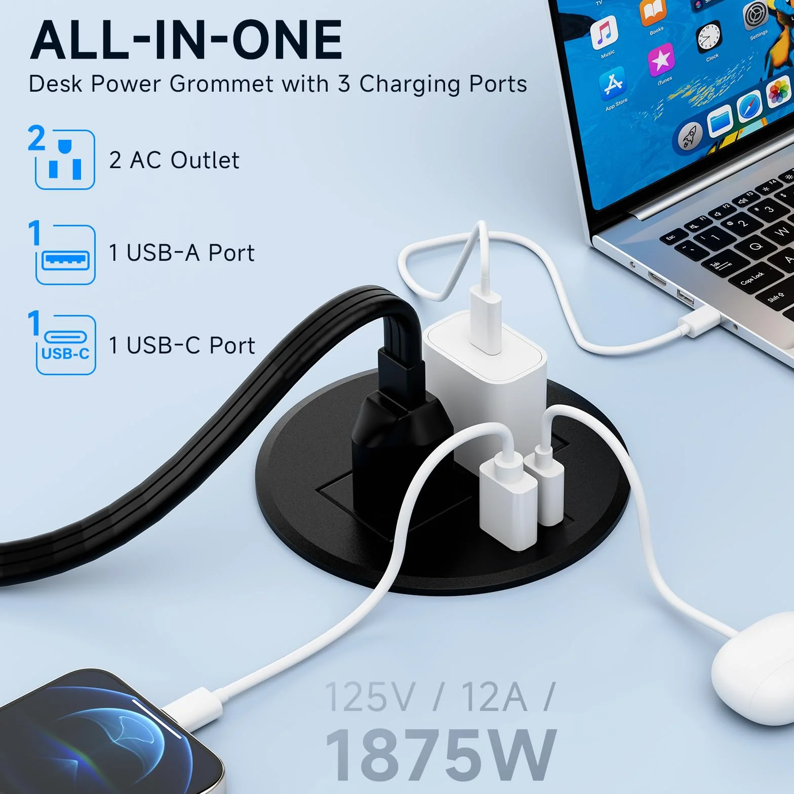 8,9 cm (3,1 cala) złącze zasilania komputerowego z USB-C PD 20 W i USB-A, gniazdko podtynkowe z 2 wtyczkami prądu zmiennego 125 V/15 A, kabel o długości 1,8 m, gniazdko komputerowe
