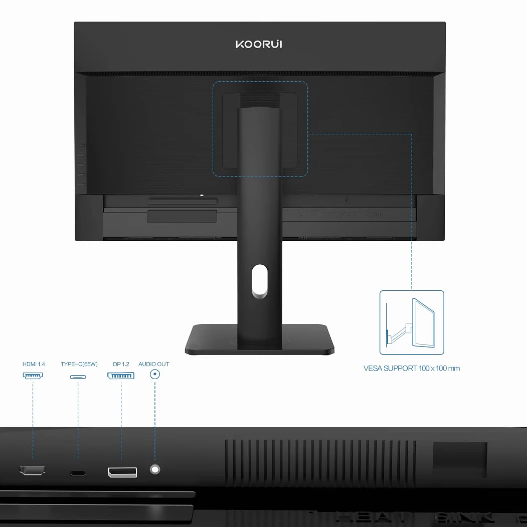 KOORUI Monitor QHD 27 cali, wyświetlacz IPS, 99% Adobe RGB, z regulacją wysokości, 2560 x 1440 pikseli, 60 Hz, 5 ms, USB typu C (65 W), DisplayPort 1.2, HDMI 1.4, czarny