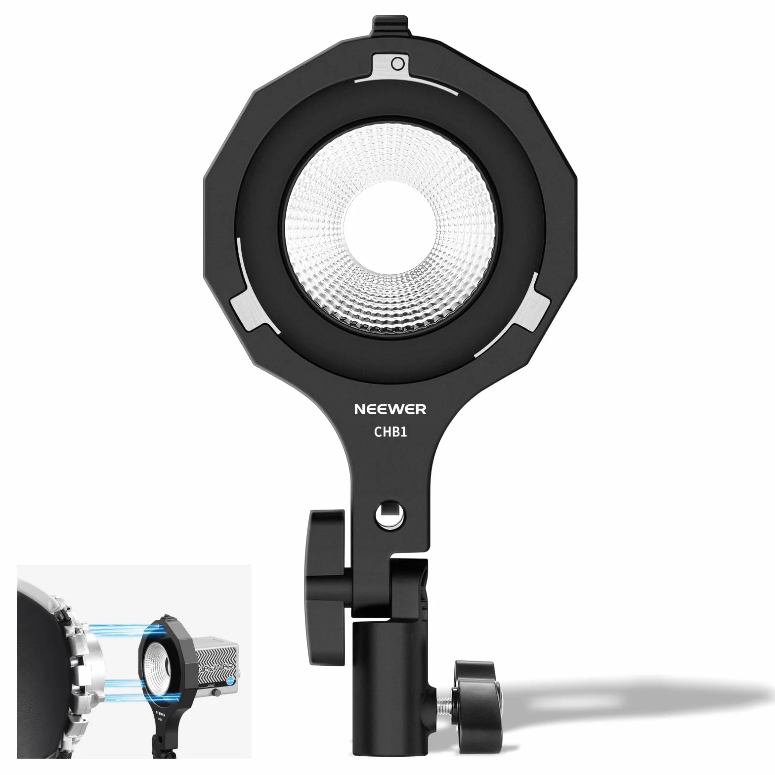 NEEWER Adapter CHB1 Mini na Bowens Mount, Kompatybilny z HS60B/HS60C, 5/8" Odbiornik, 180° Nachylenie i 360° Obrót, Czarny, Tworzywo Sztuczne, Uchwyt do Stawu Oświetleniowego