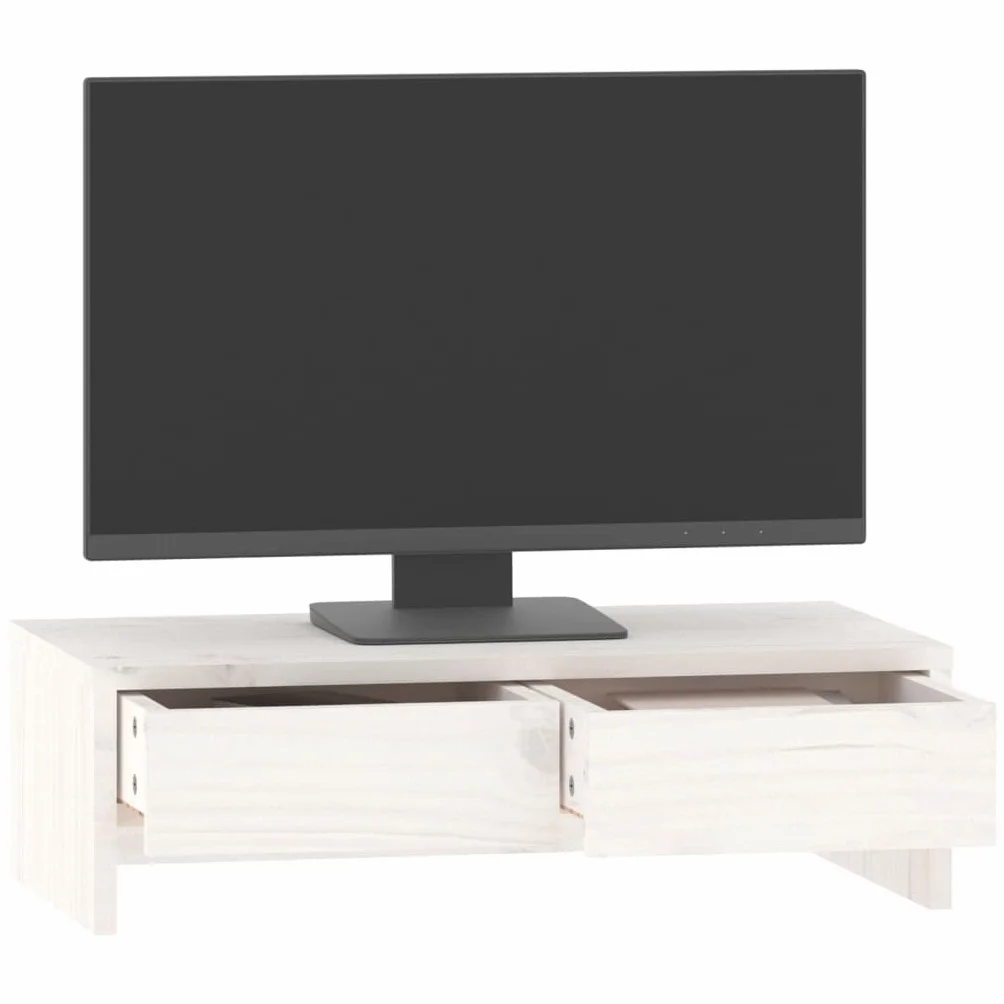 Biały stojak na monitor z litego drewna sosnowego, 50 x 27 x 15 cm, z dwiema szufladami, nakładka na biurko do pracy, biura, biura domowego i gier jako ergonomiczna półka