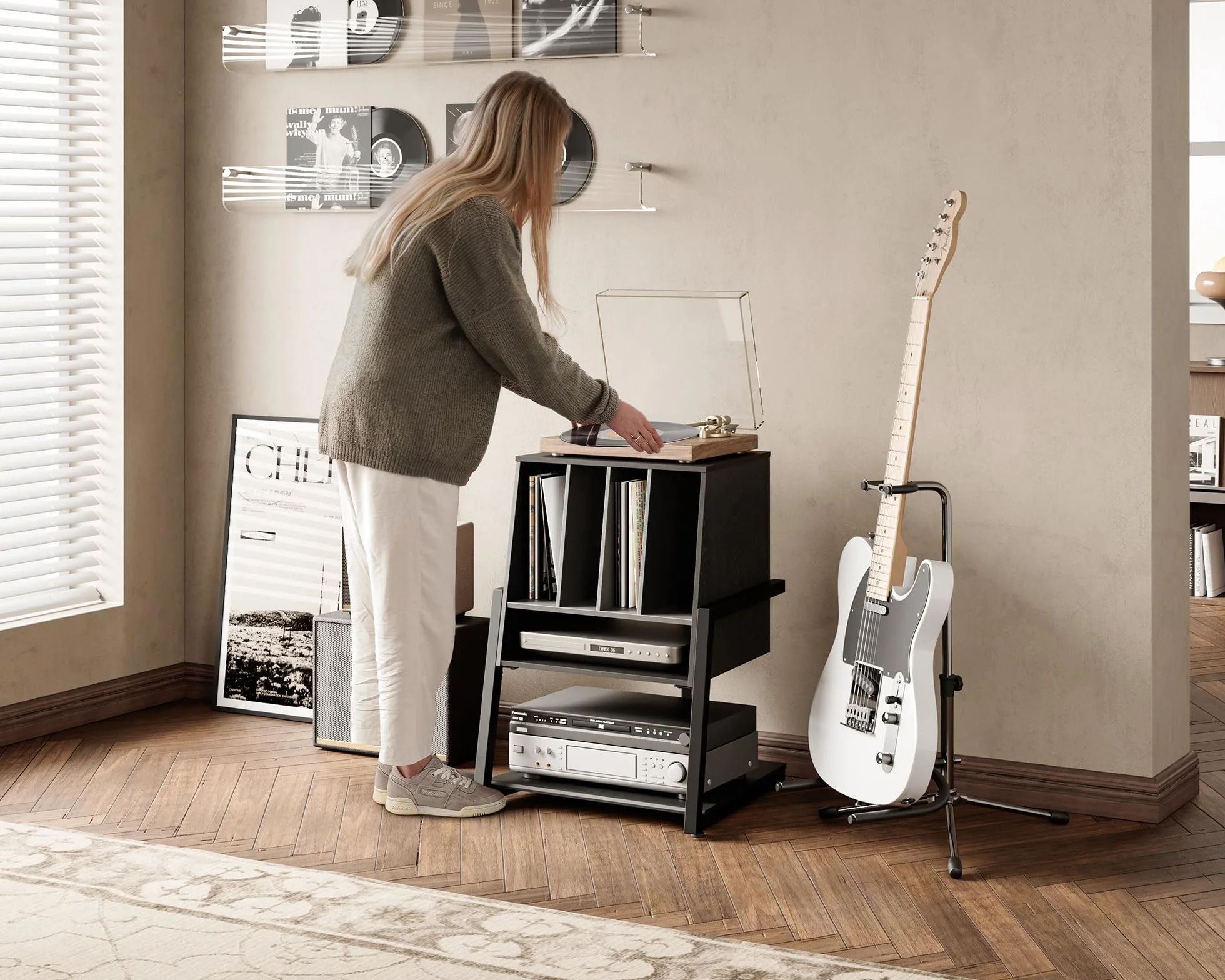 FITUEYES Designerski gramofon, stół z drewna, metalu, stojak na gramofony, 120 płyt, kompaktowy gramofon, regał do salonu, pokoju muzycznego