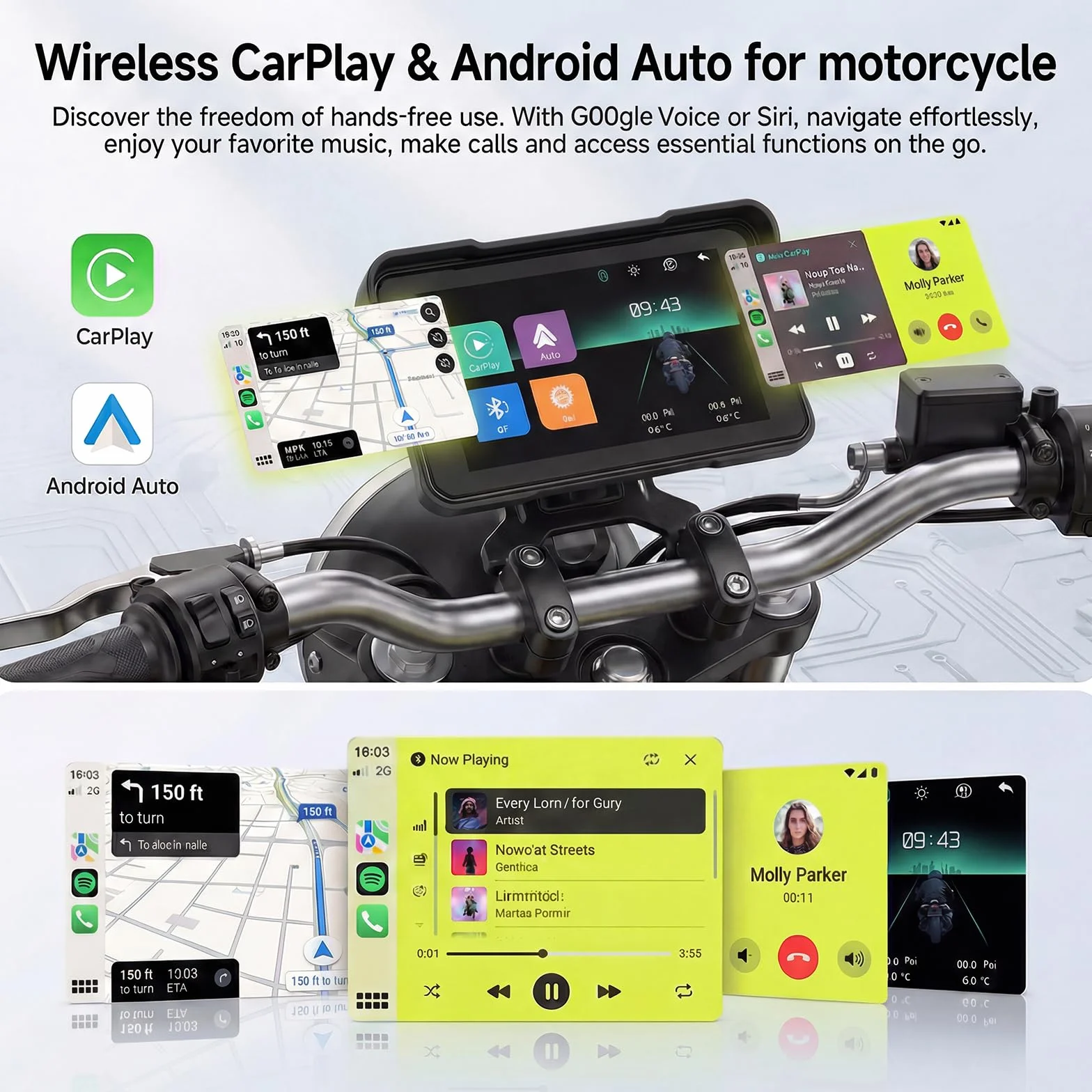 Rimoody GPS motocyklowy 5 cali z funkcją CarPlay i bezprzewodowym systemem Android Auto - wodoodporna nawigacja motocyklowa IP68, ekran dotykowy 5'', uniwersalne mocowanie fizyczne przyciski