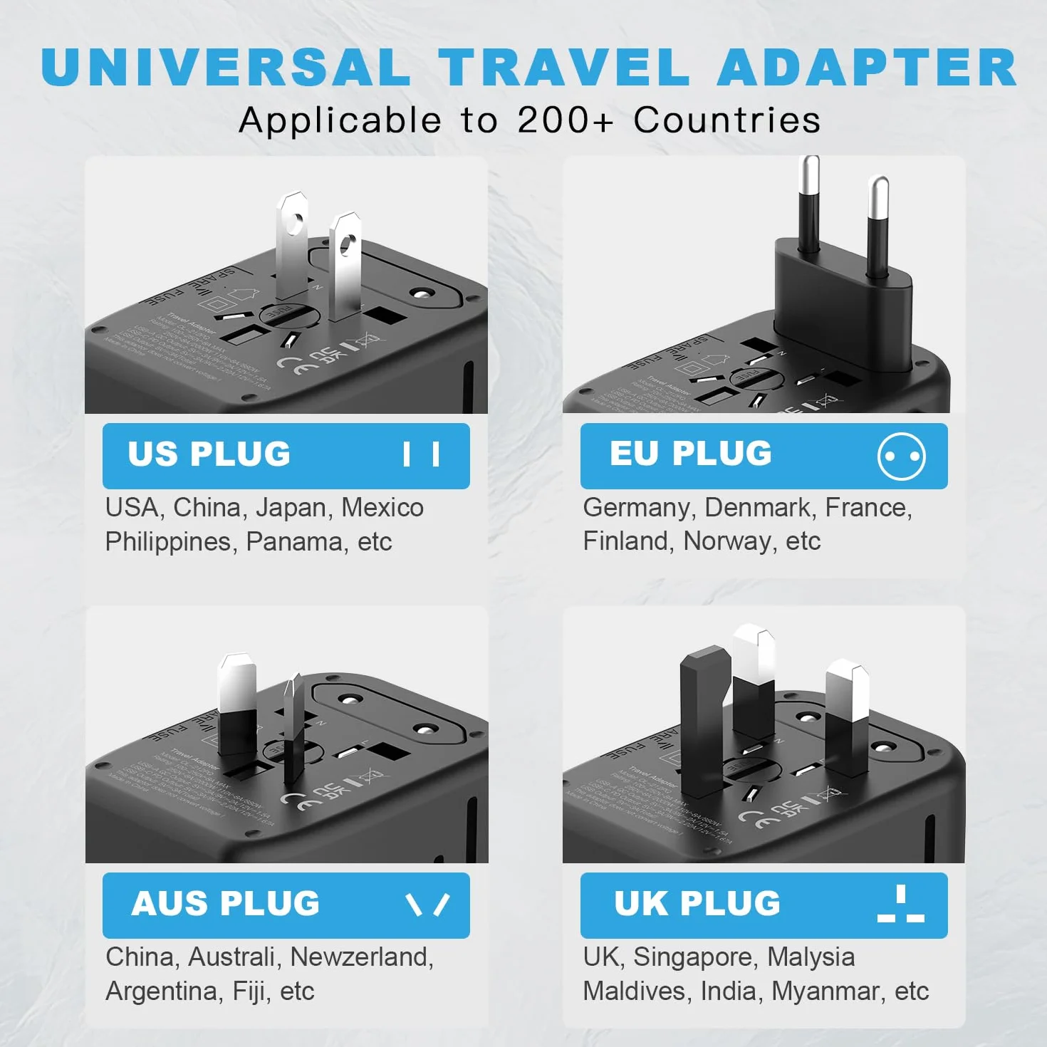 HAPOW - Uniwersalny adapter podróżny PD20W, międzynarodowy zasilacz sieciowy, 2 USB-C i 2 USB-A, ładowarka podróżna do szybkiego ładowania, adapter do gniazdka podróżnego na całym świecie, adapter