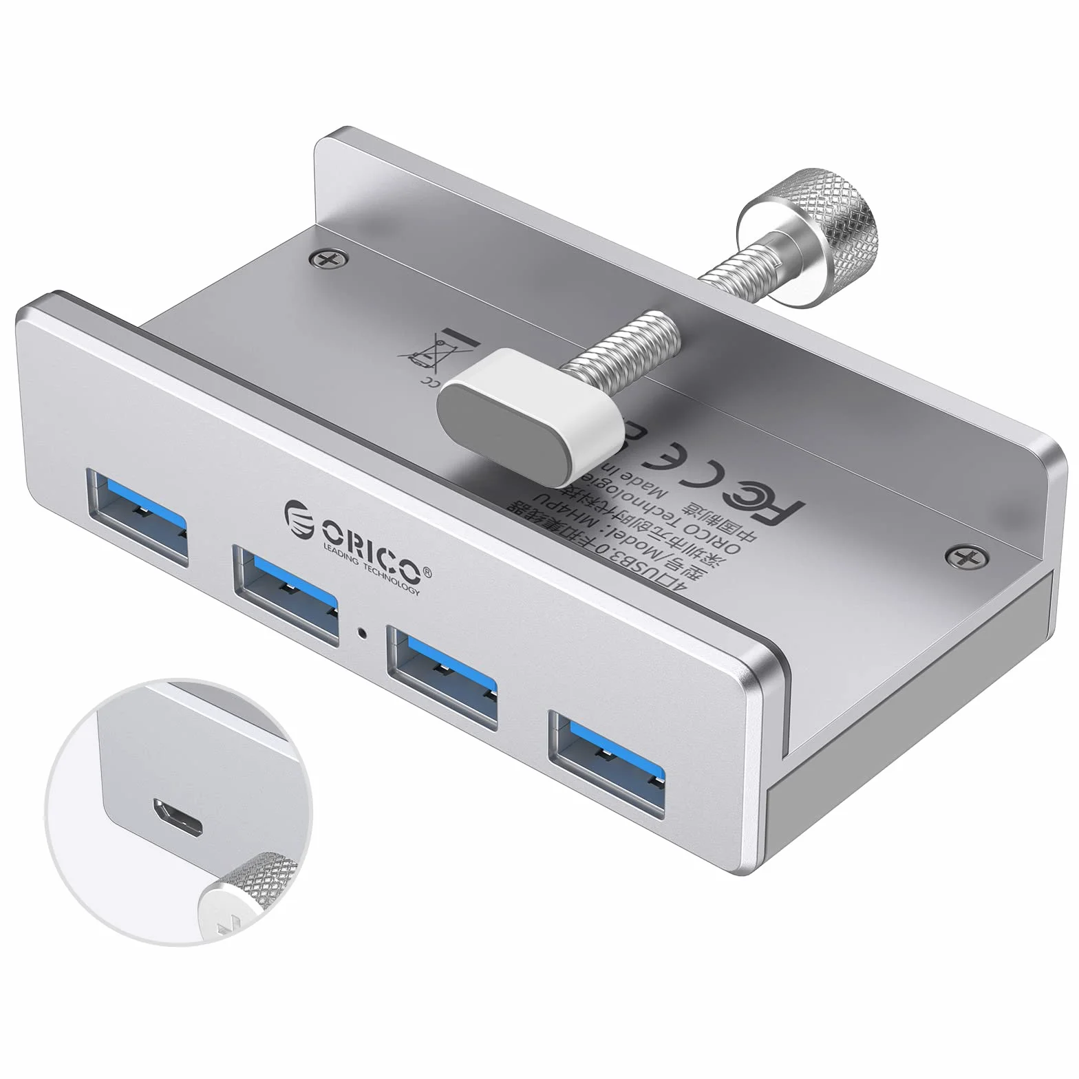 ORICO Adapter zaciskowy koncentratora USB 3.0, aluminiowy 4-portowy rozdzielacz USB z dodatkowym portem zasilania i kablem danych USB 4,92 FT, ultra-przenośny rozszerzacz USB do 2021 iMac/laptop/PC