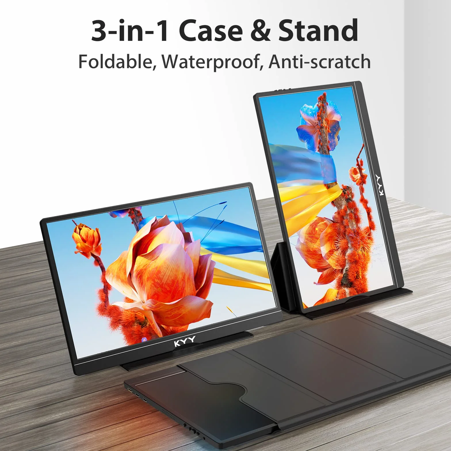 KYY 15,6-calowy przenośny monitor FHD 1080P USB-C HDMI do laptopa z inteligentną torbą i dwoma głośnikami, zewnętrzny ekran HDR do komputera, monitor do gier w podróży
